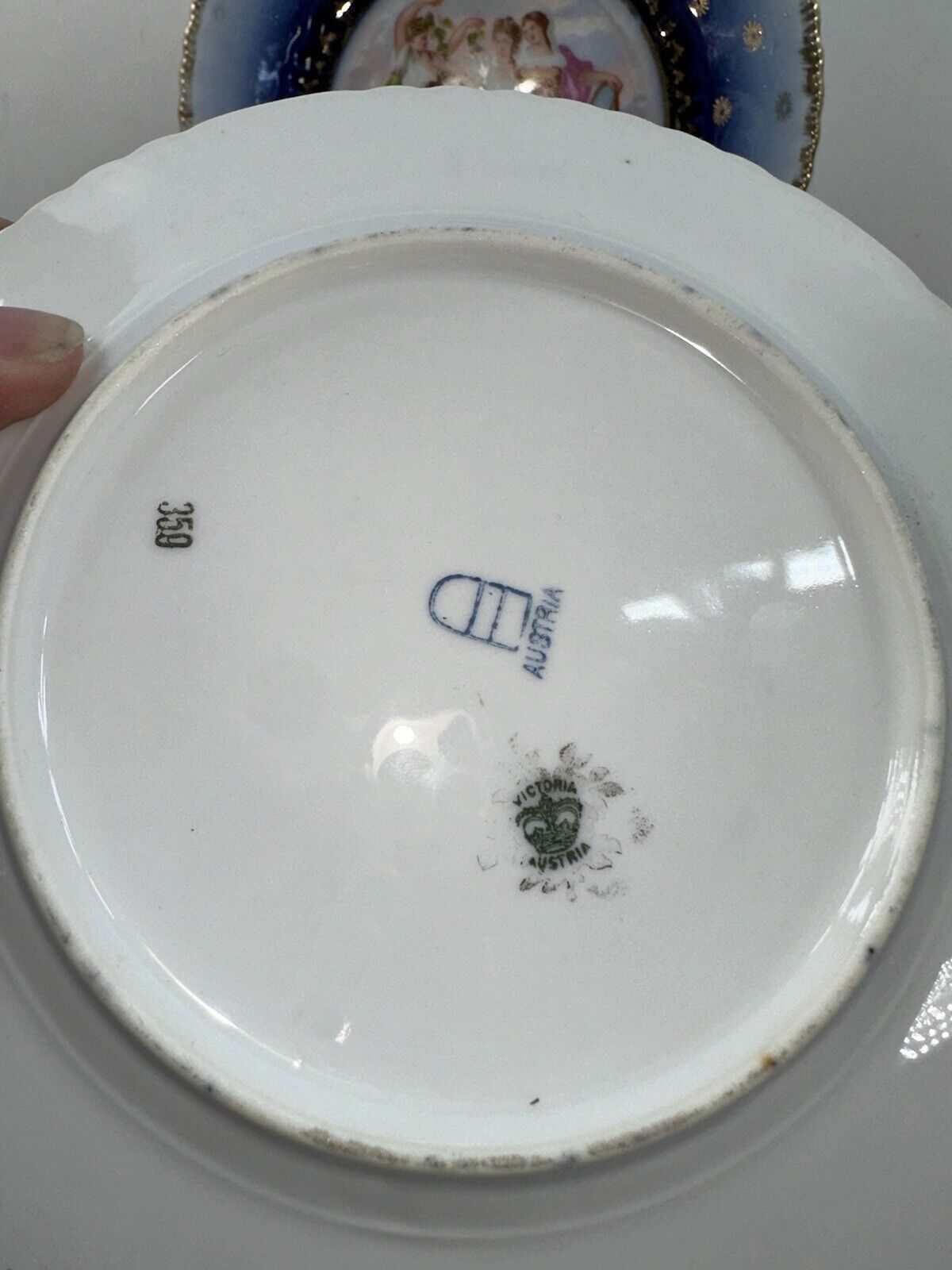 3 Antique 1900s Victoria Austria Gold Gilt Women 7 3/8” Dessert Plates Flow Blue
