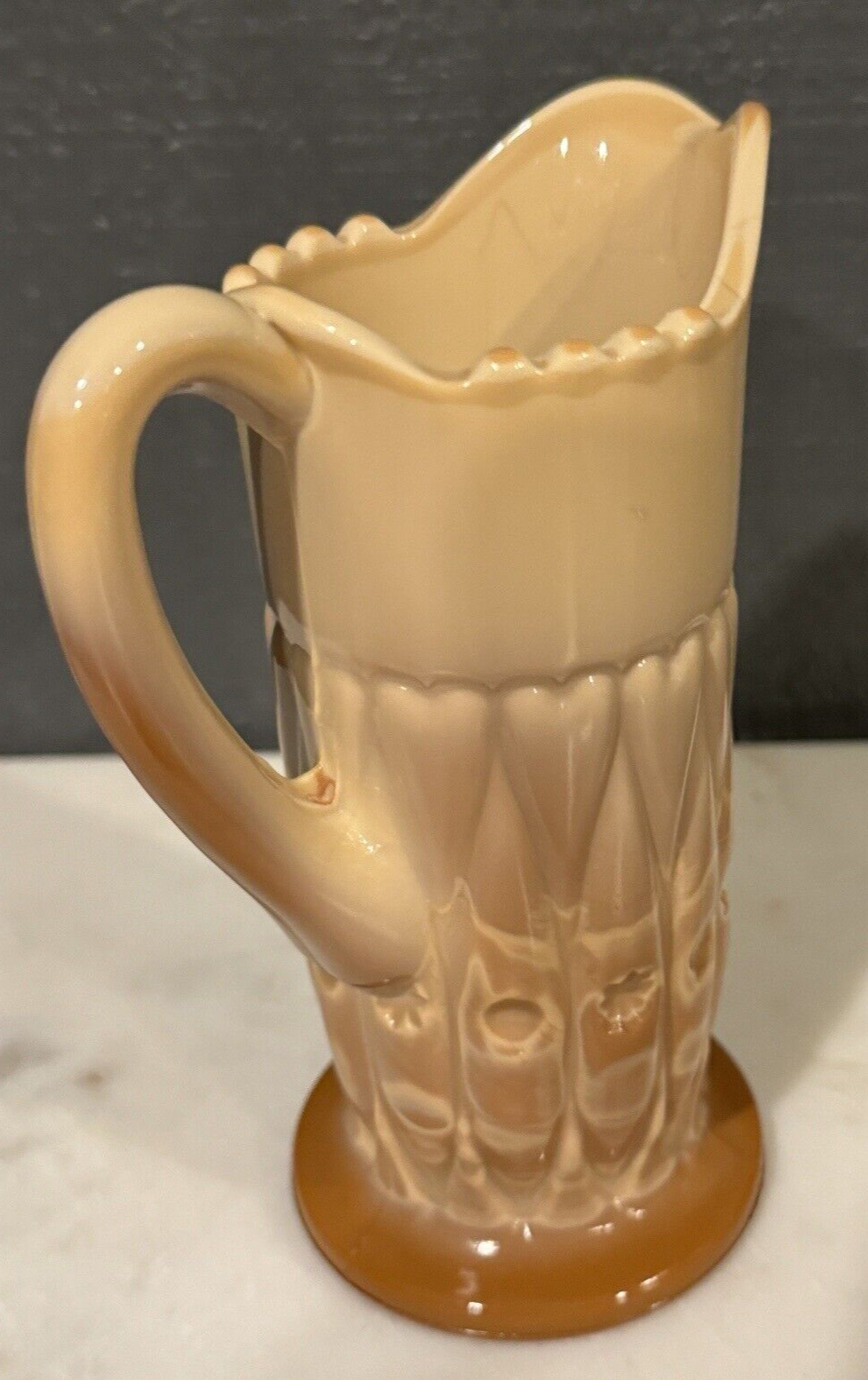 Greentown Chocolate Glass Creamer Shuttle Hearts of Loch Laven Pattern 6" 1800"s