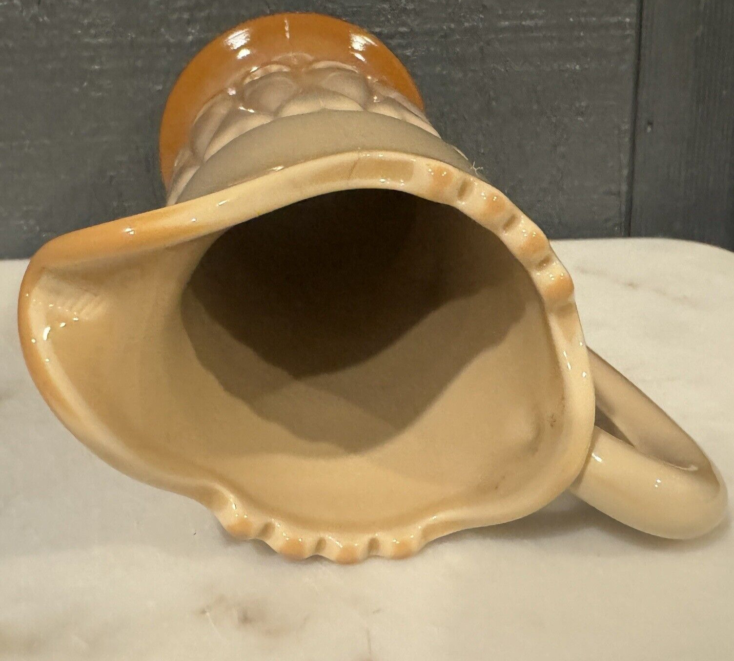 Greentown Chocolate Glass Creamer Shuttle Hearts of Loch Laven Pattern 6" 1800"s