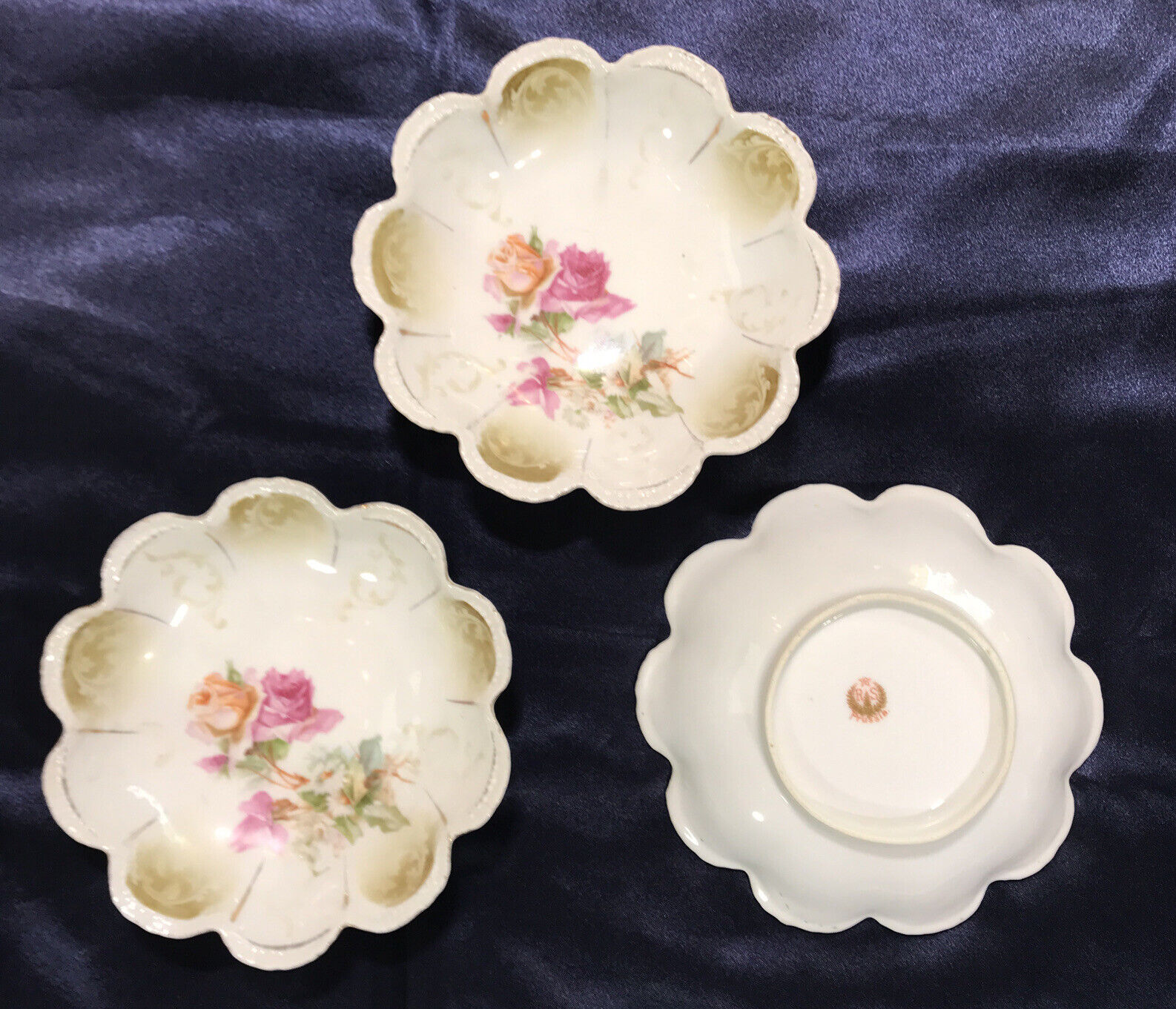 Set of 3 Antique RS Prussia Porcelain Saucers Vintage Floral Tableware Dish