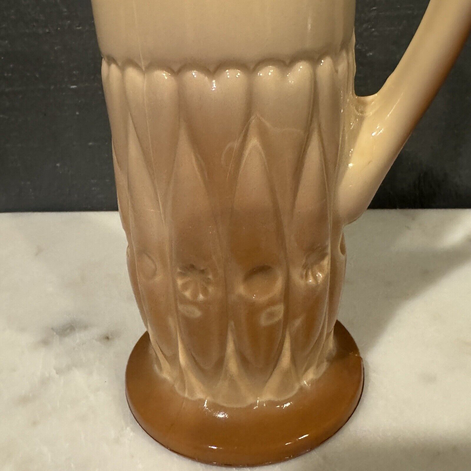 Greentown Chocolate Glass Creamer Shuttle Hearts of Loch Laven Pattern 6" 1800"s