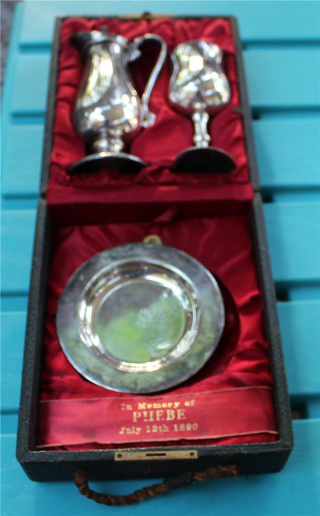 Early 1900s First Holly Communion Silver Plate Set In Memory of Phebe