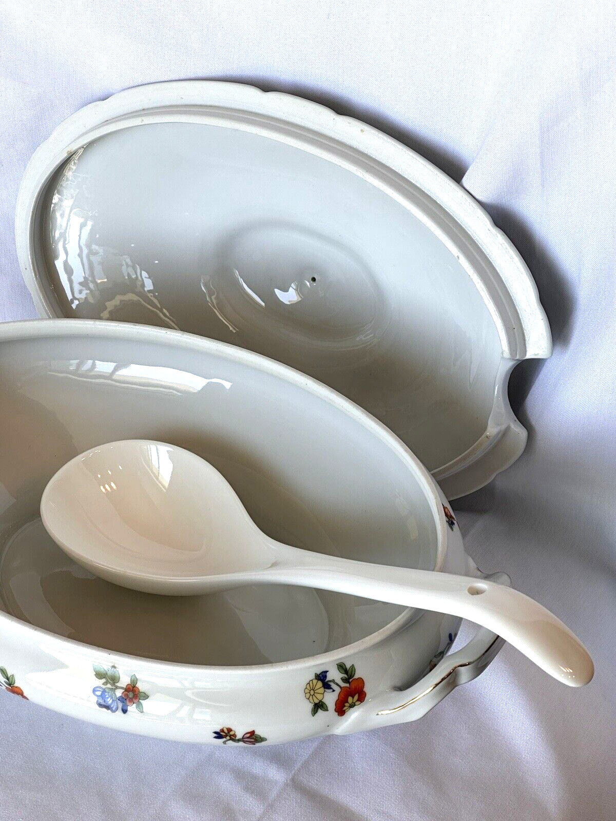 Antique Porcelain Transferware Tureen with ladle, C. 1900's Oval Casserole Dish