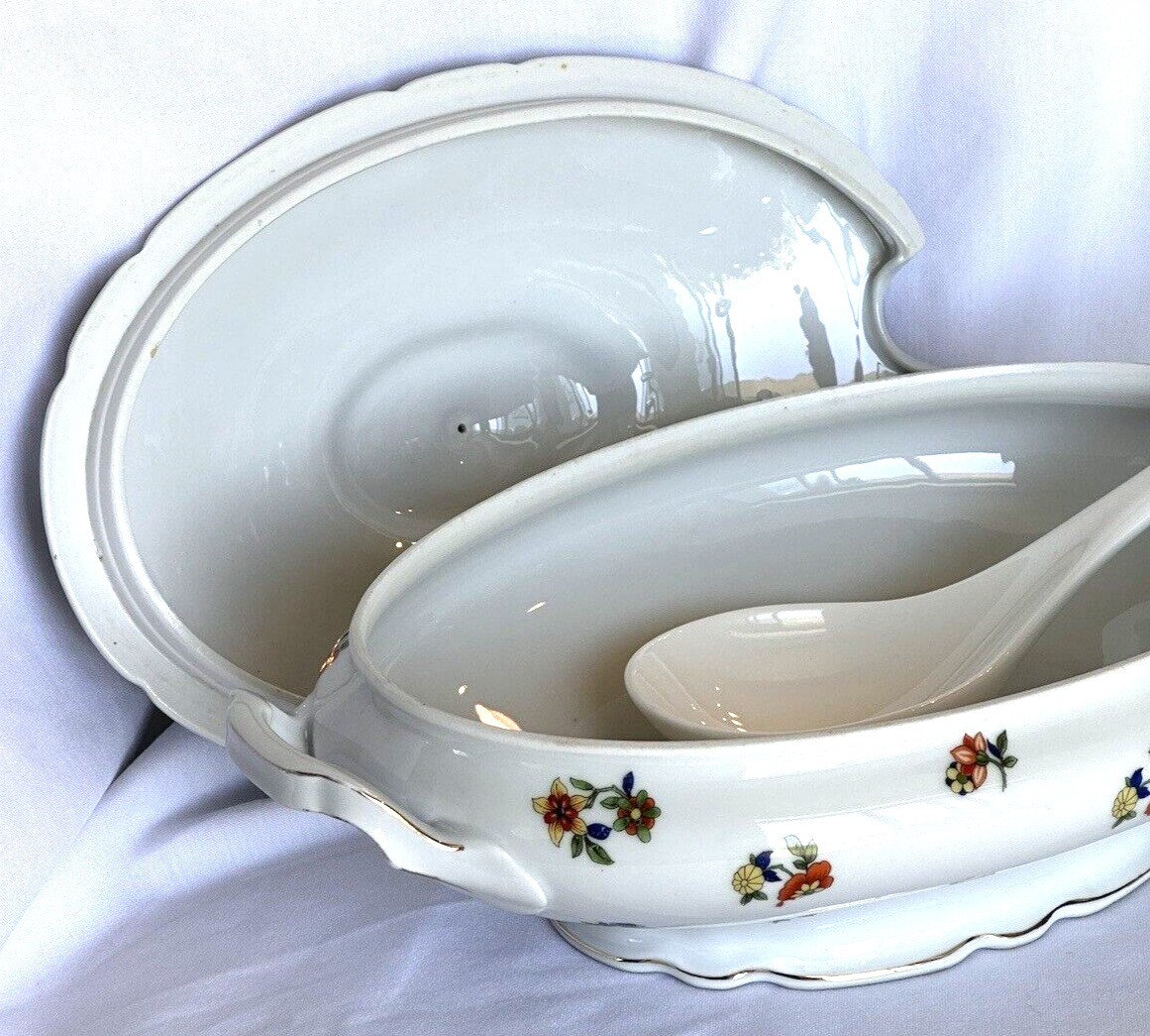 Antique Porcelain Transferware Tureen with ladle, C. 1900's Oval Casserole Dish