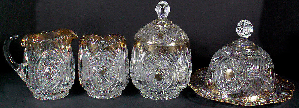 Antique EAPG Clear Crystal Gold Trim Sheaf Of Wheat & Button Star 4pc Table Set