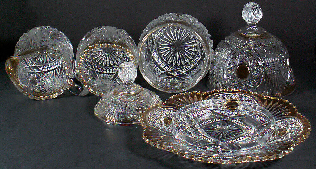 Antique EAPG Clear Crystal Gold Trim Sheaf Of Wheat & Button Star 4pc Table Set