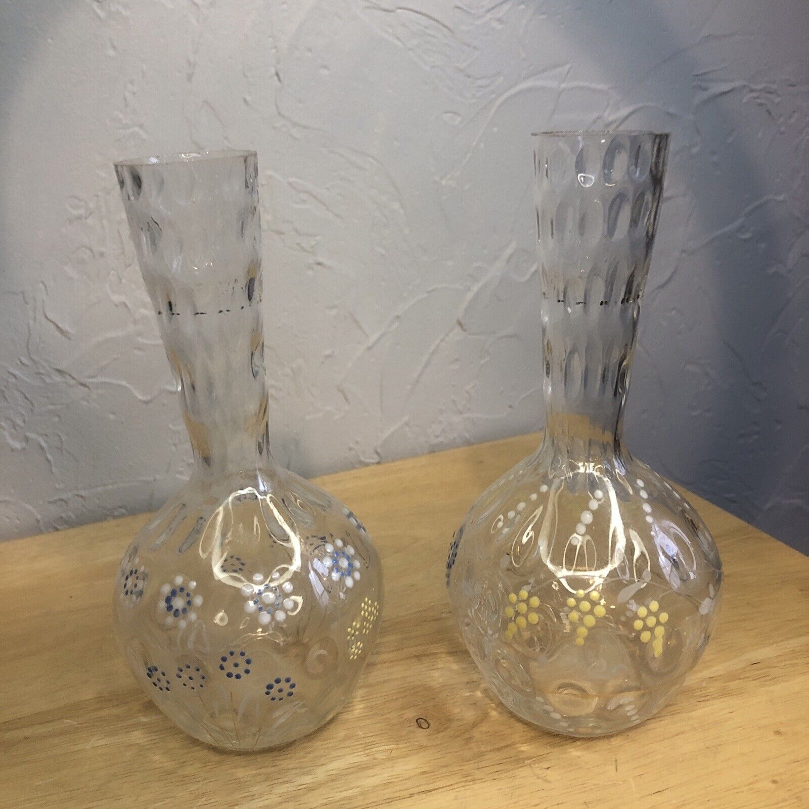 Set of 2 - Bristol Vase ANTIQUE 1800's Clear Dimpled Glass HAND DECORATED Bottle