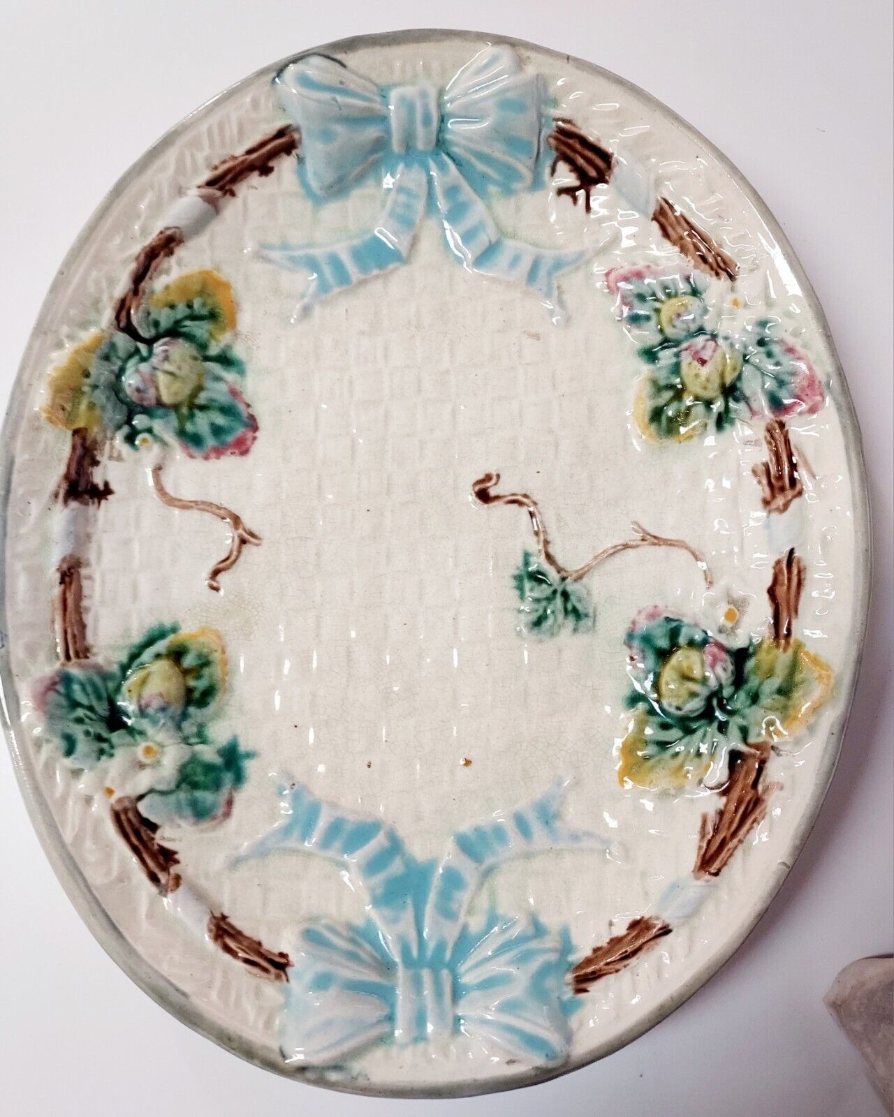 Antique Majolica Platter-Strawberry Bows-Basketweave-English-1800’s Spring