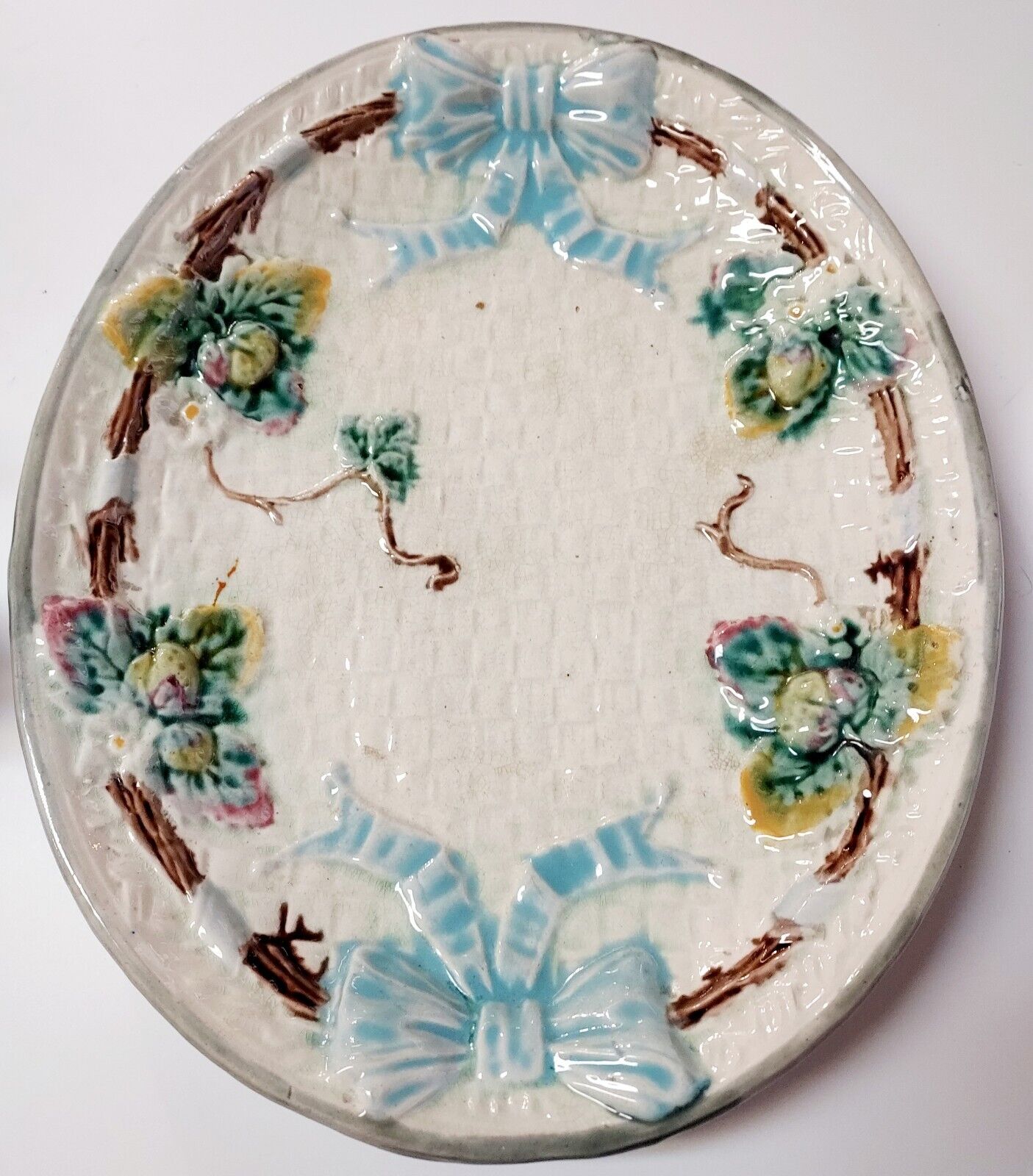Antique Majolica Platter-Strawberry  Bows-Basketweave-English-1800’s Spring 