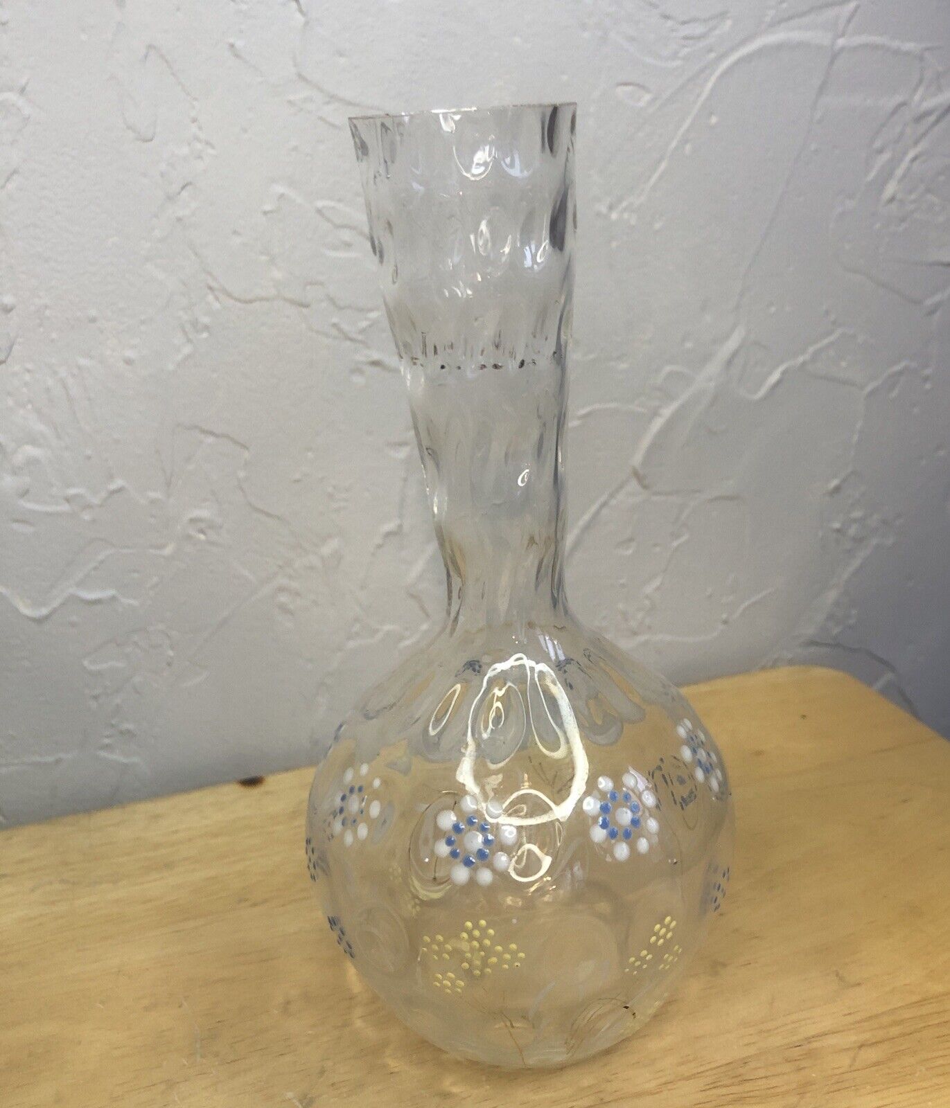 Set of 2 - Bristol Vase ANTIQUE 1800's Clear Dimpled Glass HAND DECORATED Bottle