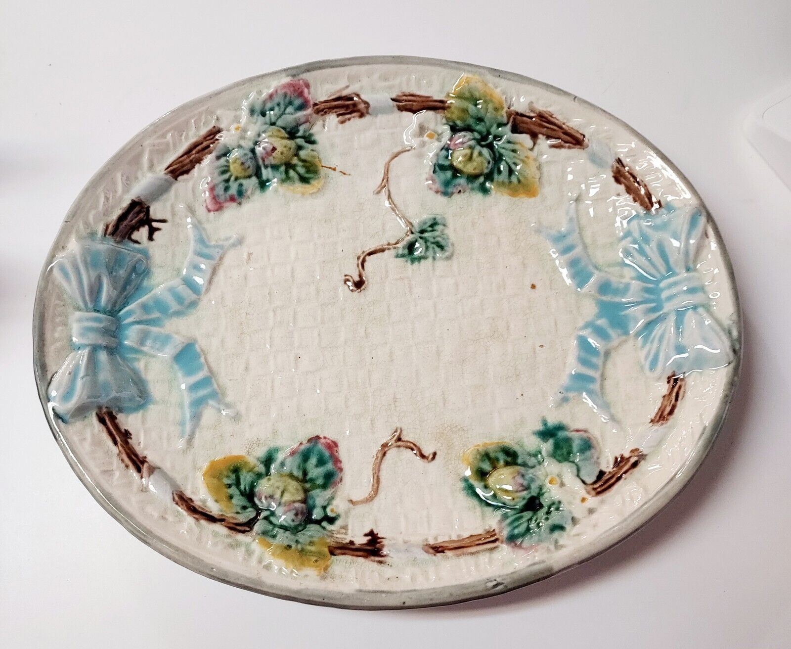 Antique Majolica Platter-Strawberry  Bows-Basketweave-English-1800’s Spring 