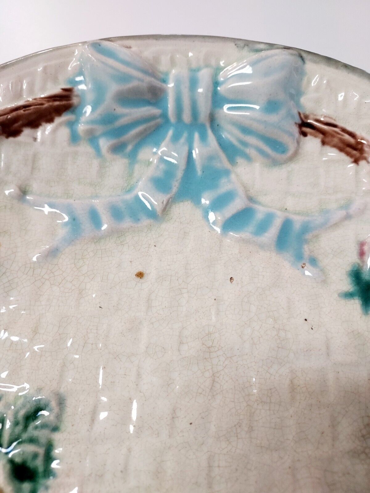 Antique Majolica Platter-Strawberry  Bows-Basketweave-English-1800’s Spring 