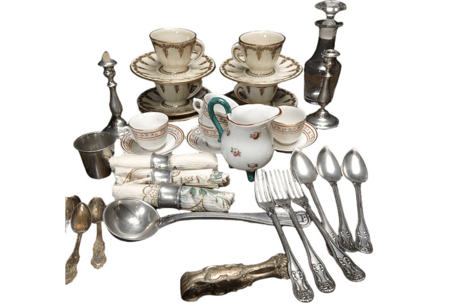 c1900 French Childrens Tableware Items Cups/Saucers, Cutlery, Candlesticks, Deca