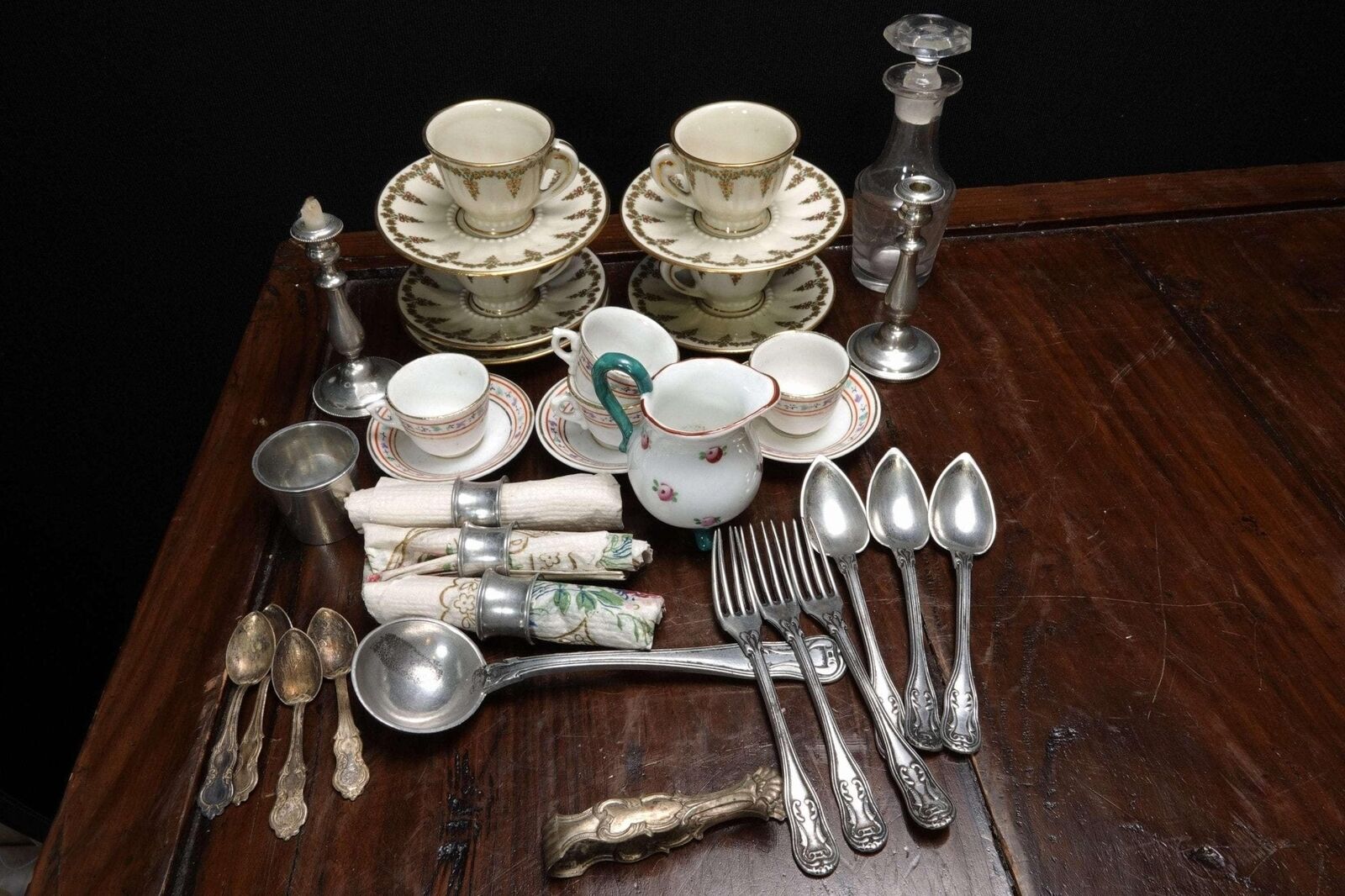 c1900 French Childrens Tableware Items Cups/Saucers, Cutlery, Candlesticks, Deca