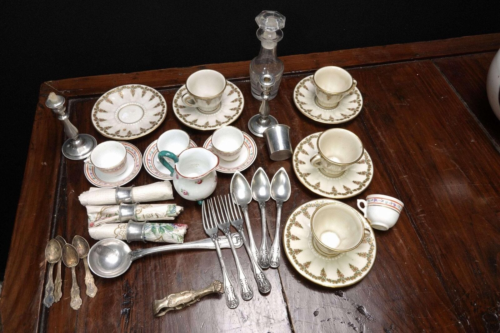 c1900 French Childrens Tableware Items Cups/Saucers, Cutlery, Candlesticks, Deca