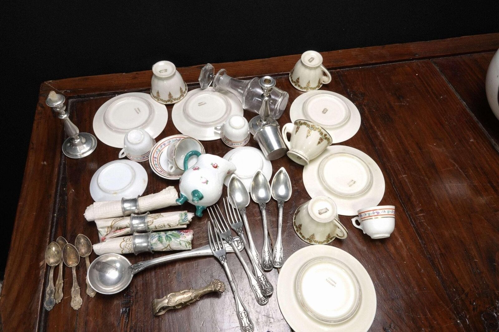 c1900 French Childrens Tableware Items Cups/Saucers, Cutlery, Candlesticks, Deca