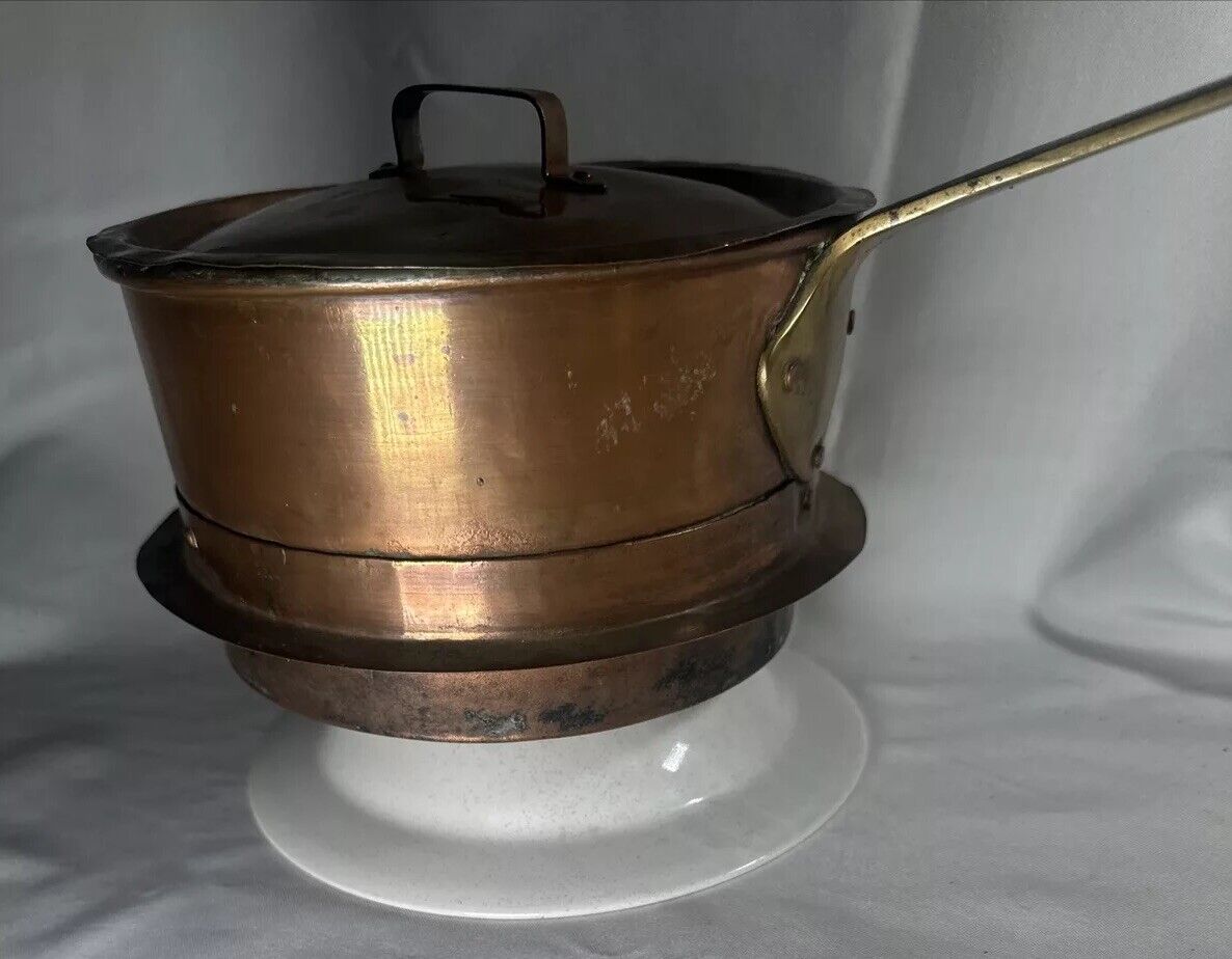 Copper Pot Pan W Lid 1800s Brass  Forged Handle Solid Bottom Rare Sweden Inscrib