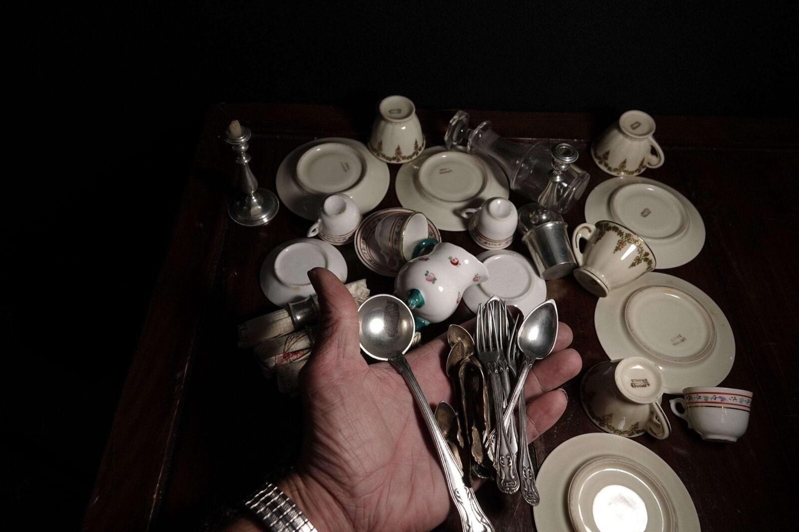 c1900 French Childrens Tableware Items Cups/Saucers, Cutlery, Candlesticks, Deca