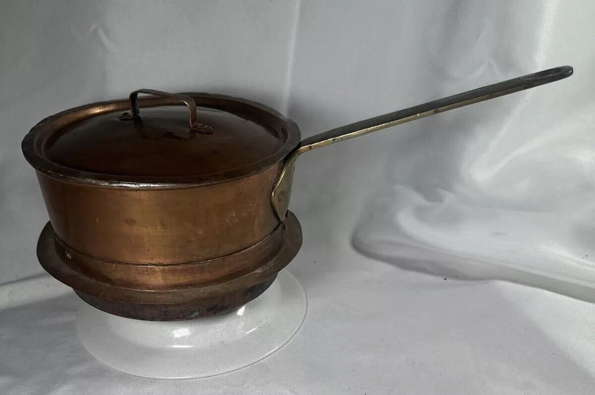 Copper Pot Pan W Lid 1800s Brass  Forged Handle Solid Bottom Rare Sweden Inscrib