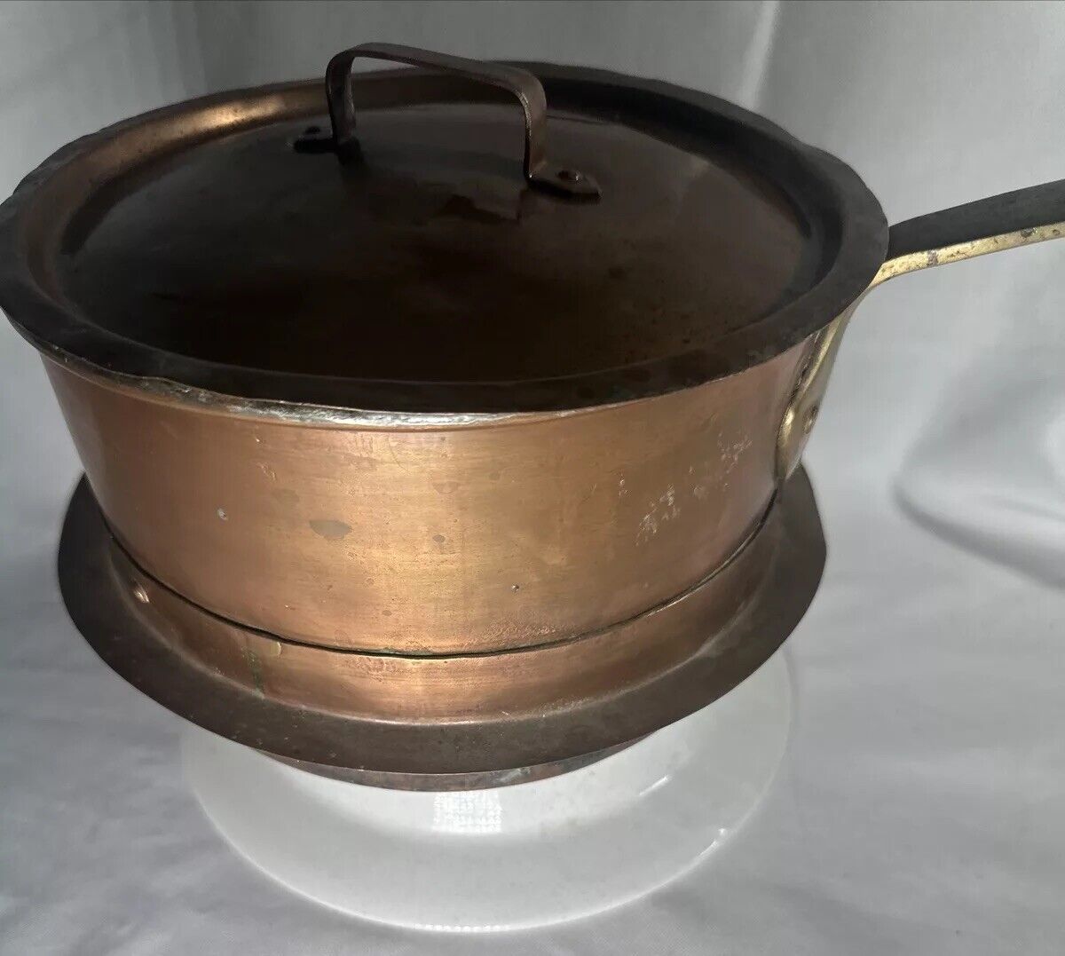 Copper Pot Pan W Lid 1800s Brass  Forged Handle Solid Bottom Rare Sweden Inscrib