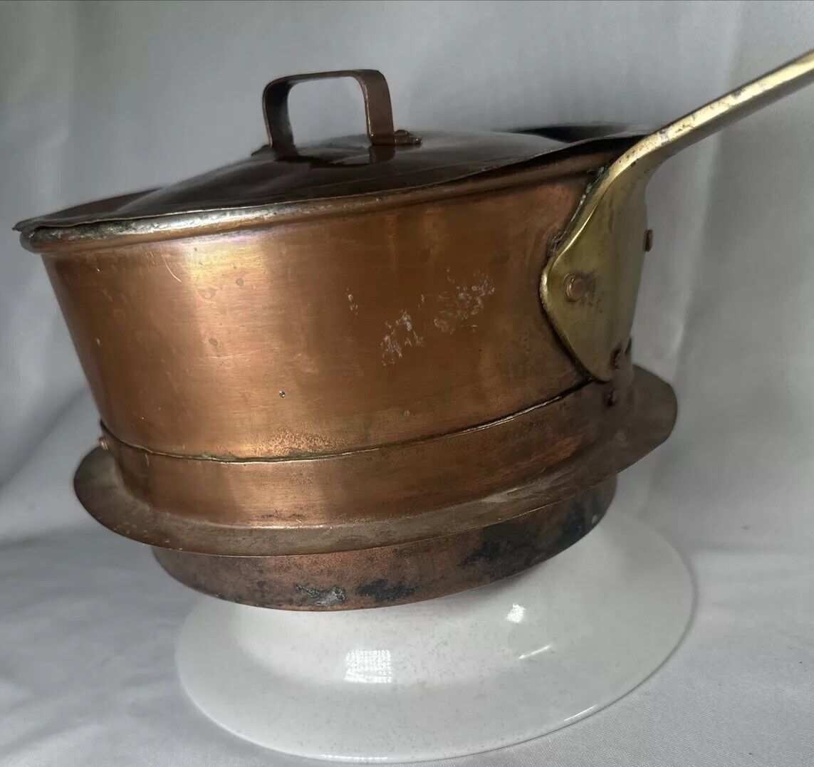 Copper Pot Pan W Lid 1800s Brass  Forged Handle Solid Bottom Rare Sweden Inscrib