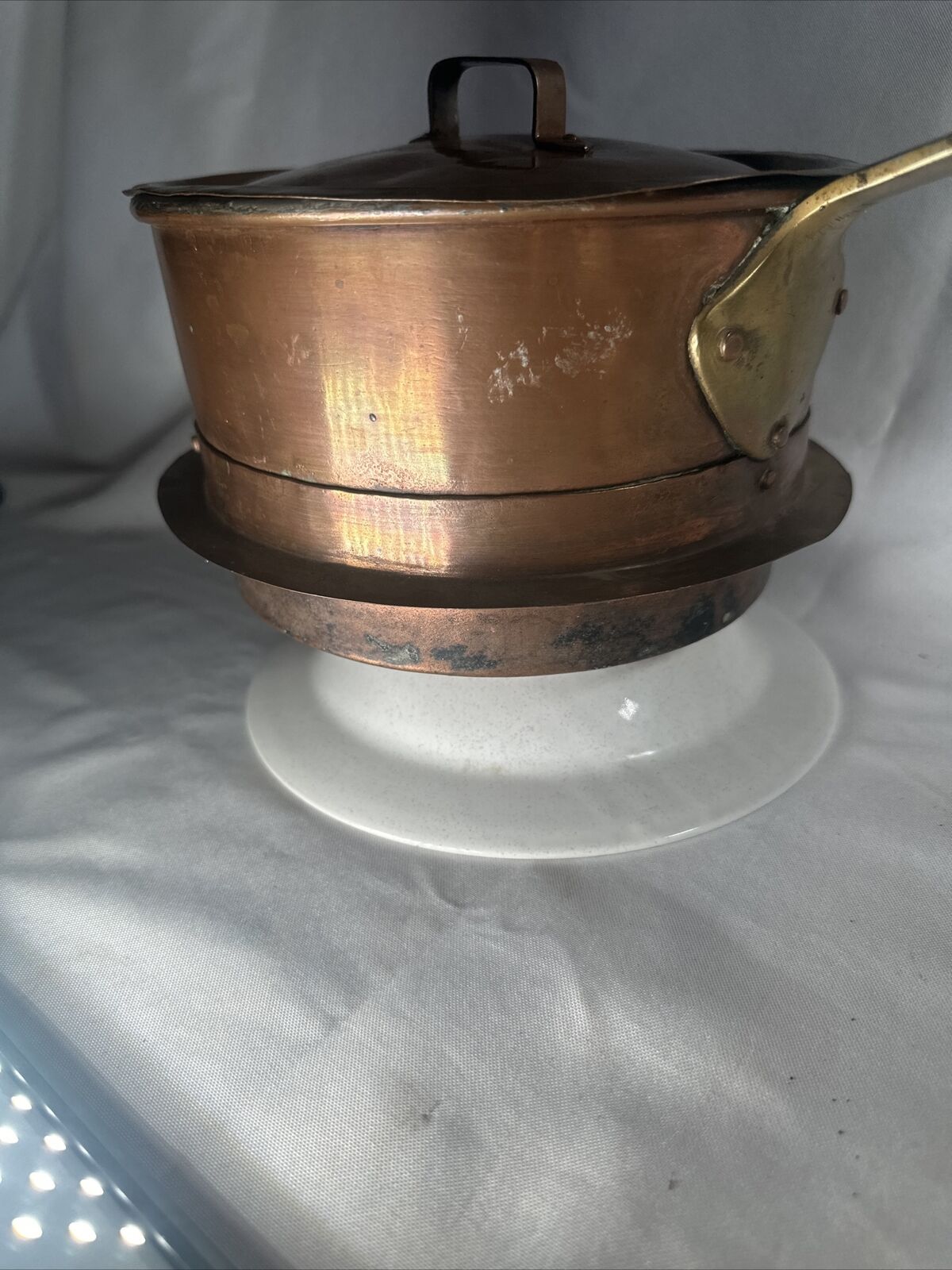 Copper Pot Pan W Lid 1800s Brass  Forged Handle Solid Bottom Rare Sweden Inscrib