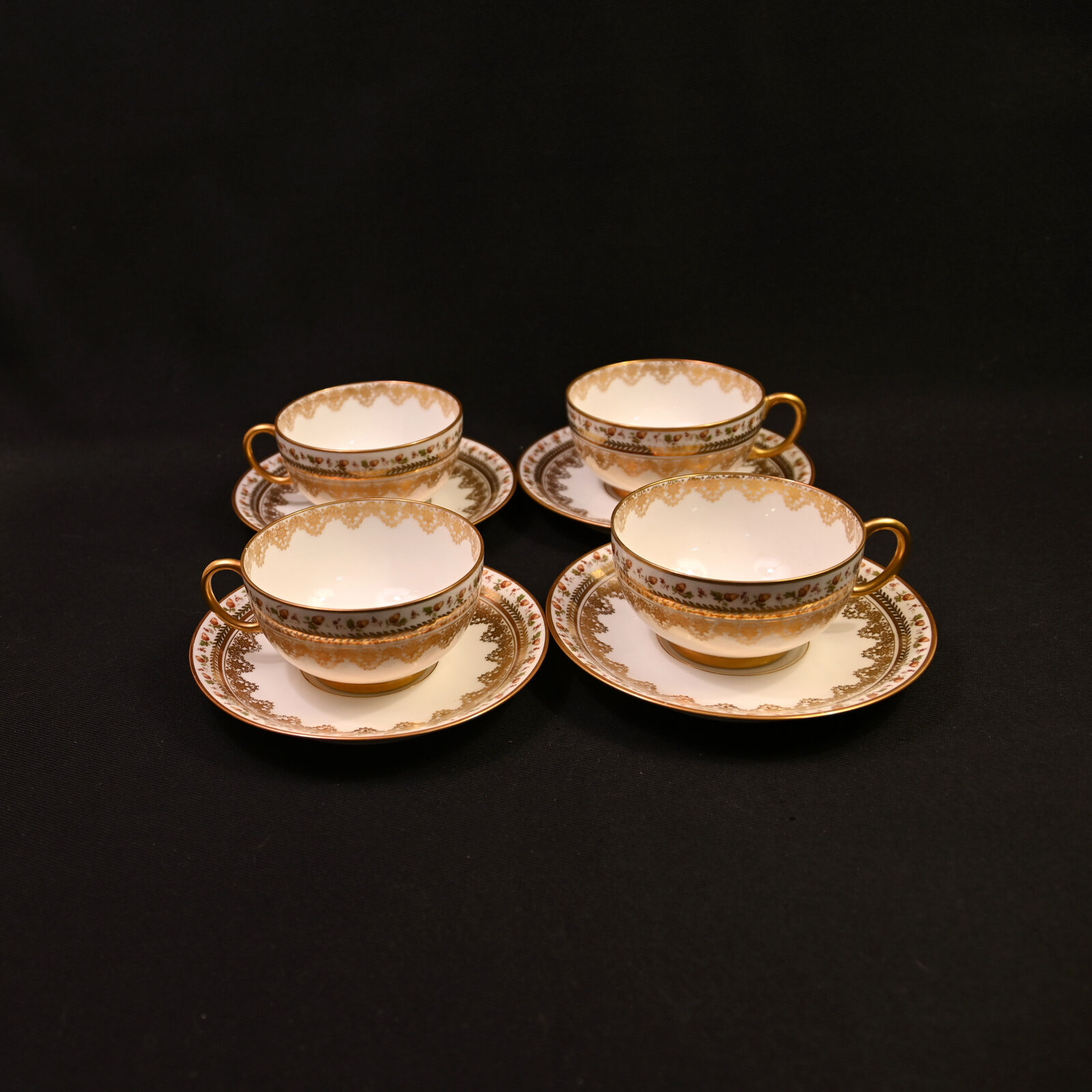 JPL Pouyat Limoges 4 Cups & Saucers Hand Painted Brown Acorns w/Gold 1900-1920