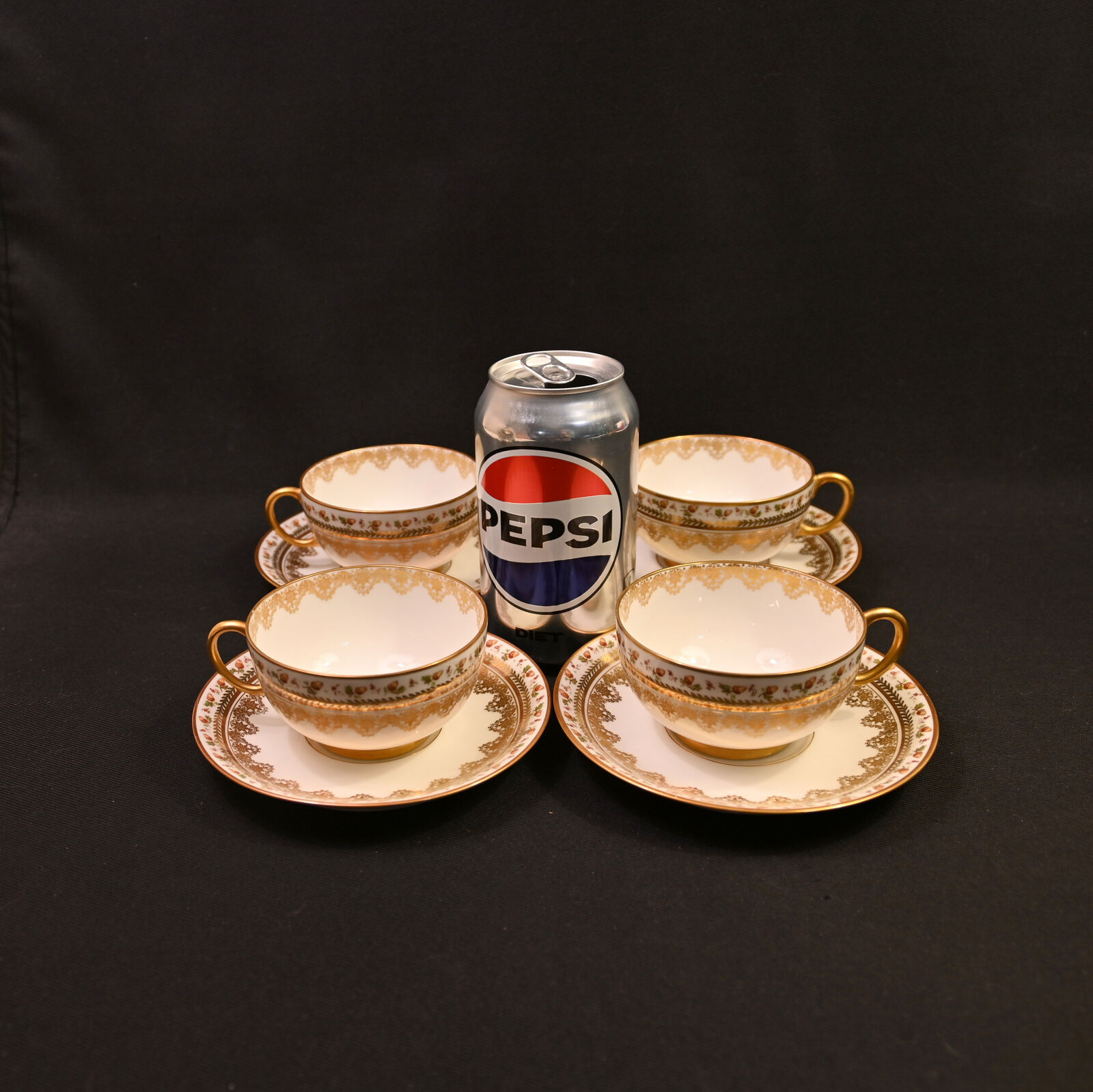 JPL Pouyat Limoges 4 Cups & Saucers Hand Painted Brown Acorns w/Gold 1900-1920