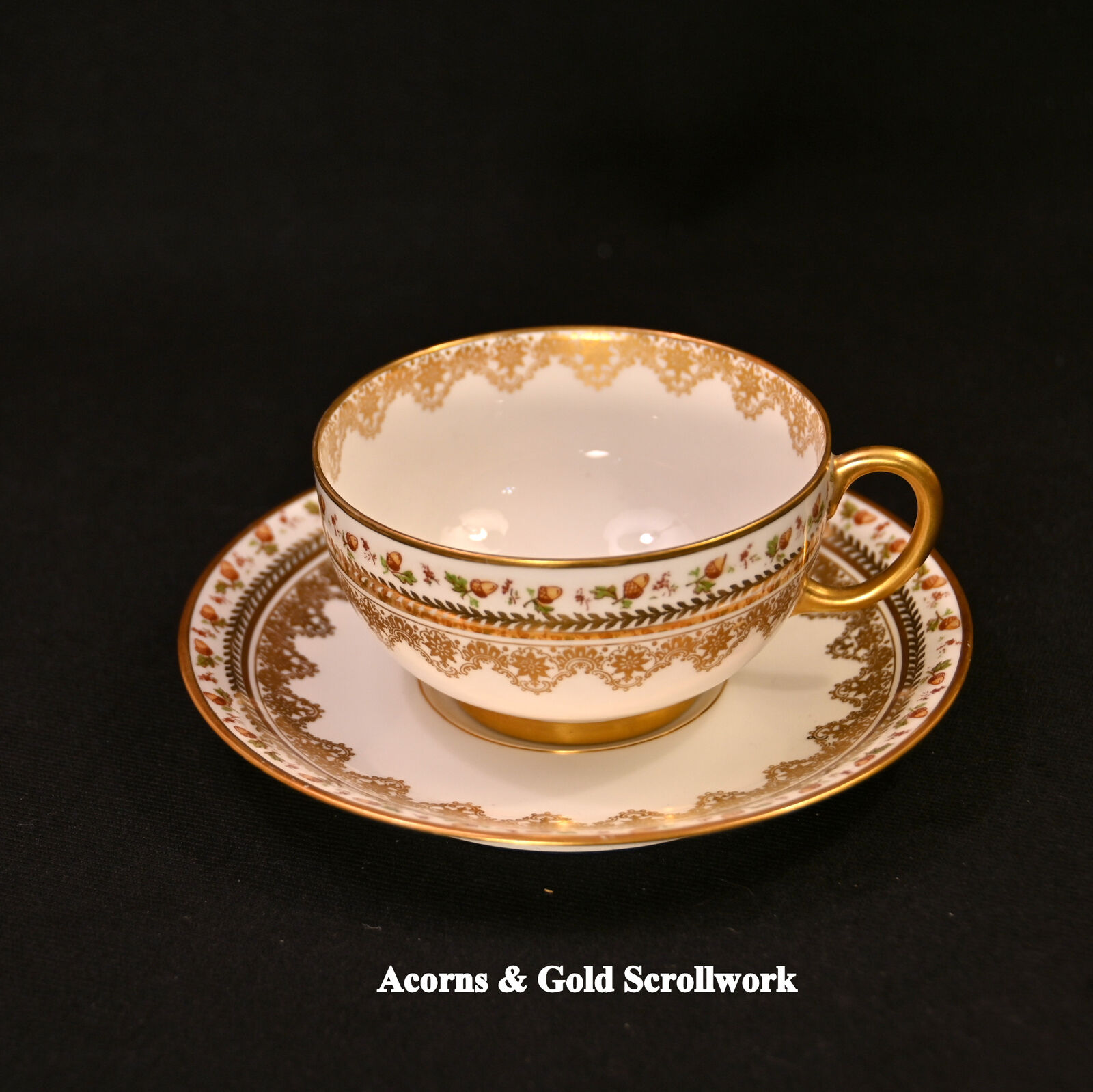 JPL Pouyat Limoges 4 Cups & Saucers Hand Painted Brown Acorns w/Gold 1900-1920