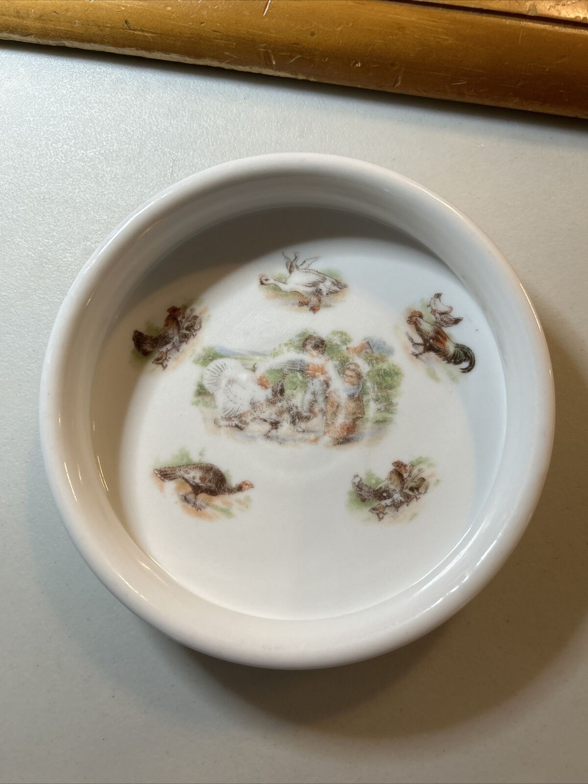 Antique Ceramic Nursery Bowl; Boy, girl, roosters and swans
