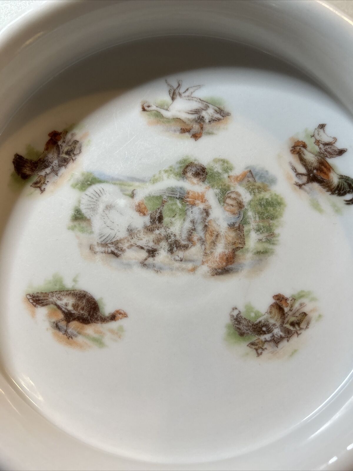 Antique Ceramic Nursery Bowl; Boy, girl, roosters and swans