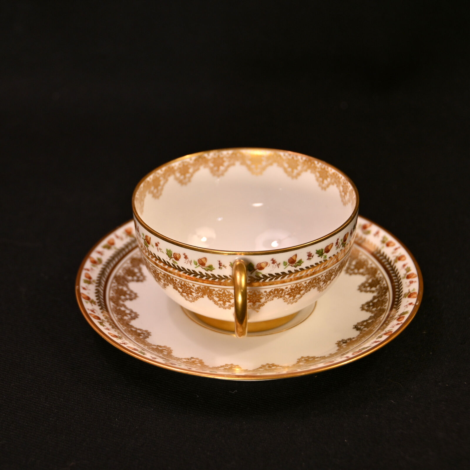 JPL Pouyat Limoges 4 Cups & Saucers Hand Painted Brown Acorns w/Gold 1900-1920