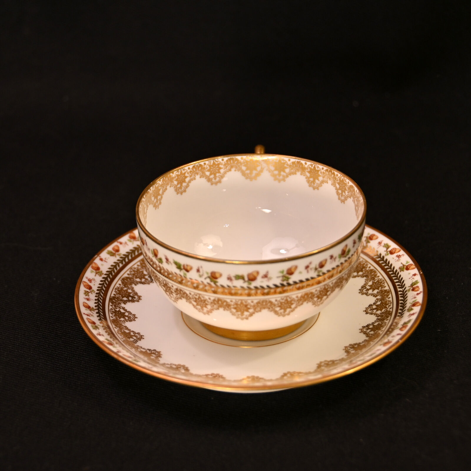 JPL Pouyat Limoges 4 Cups & Saucers Hand Painted Brown Acorns w/Gold 1900-1920