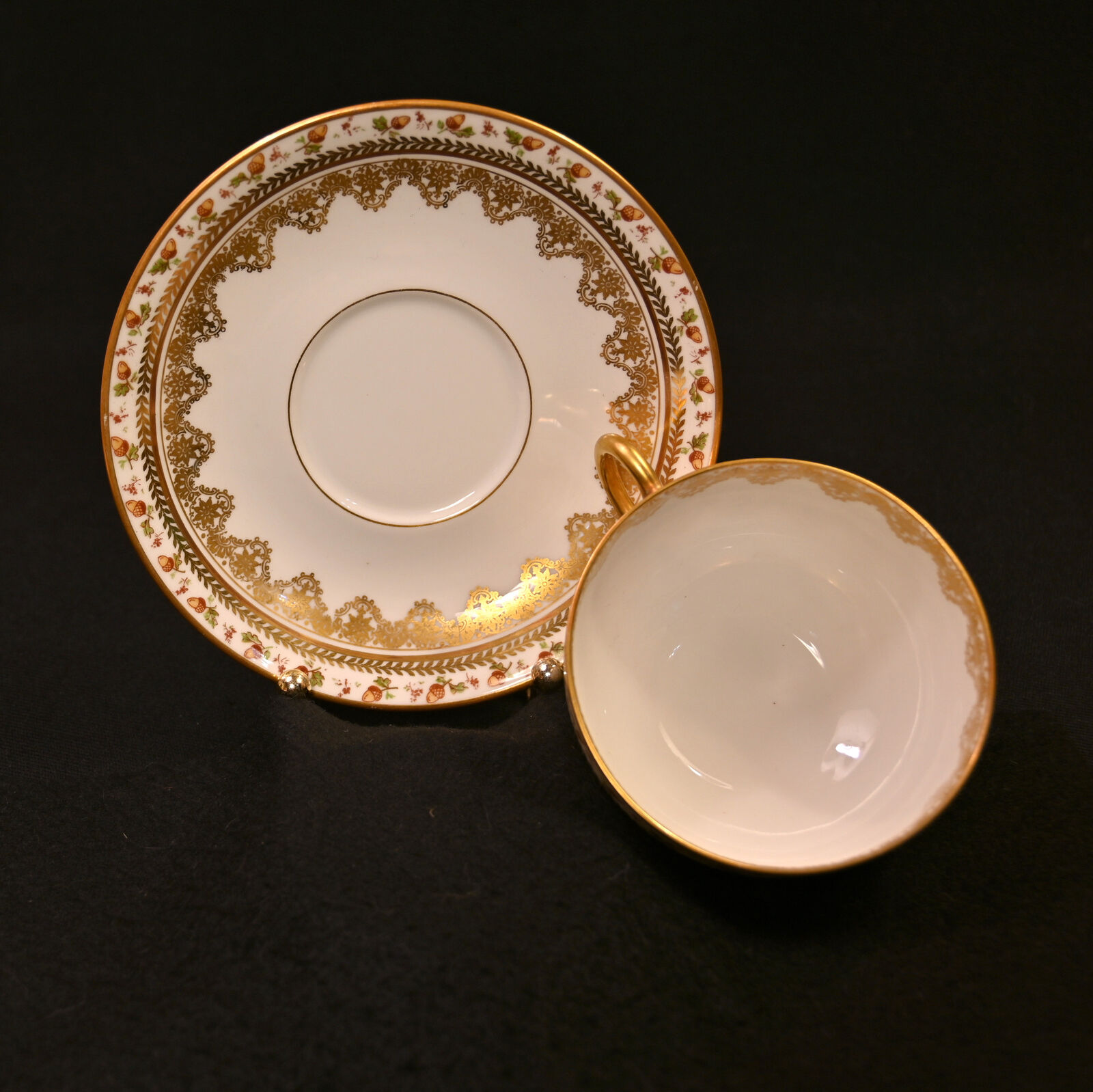 JPL Pouyat Limoges 4 Cups & Saucers Hand Painted Brown Acorns w/Gold 1900-1920