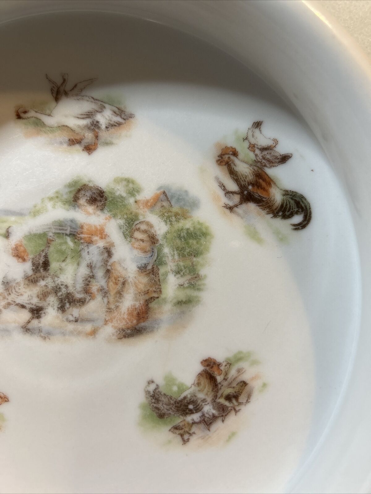 Antique Ceramic Nursery Bowl; Boy, girl, roosters and swans