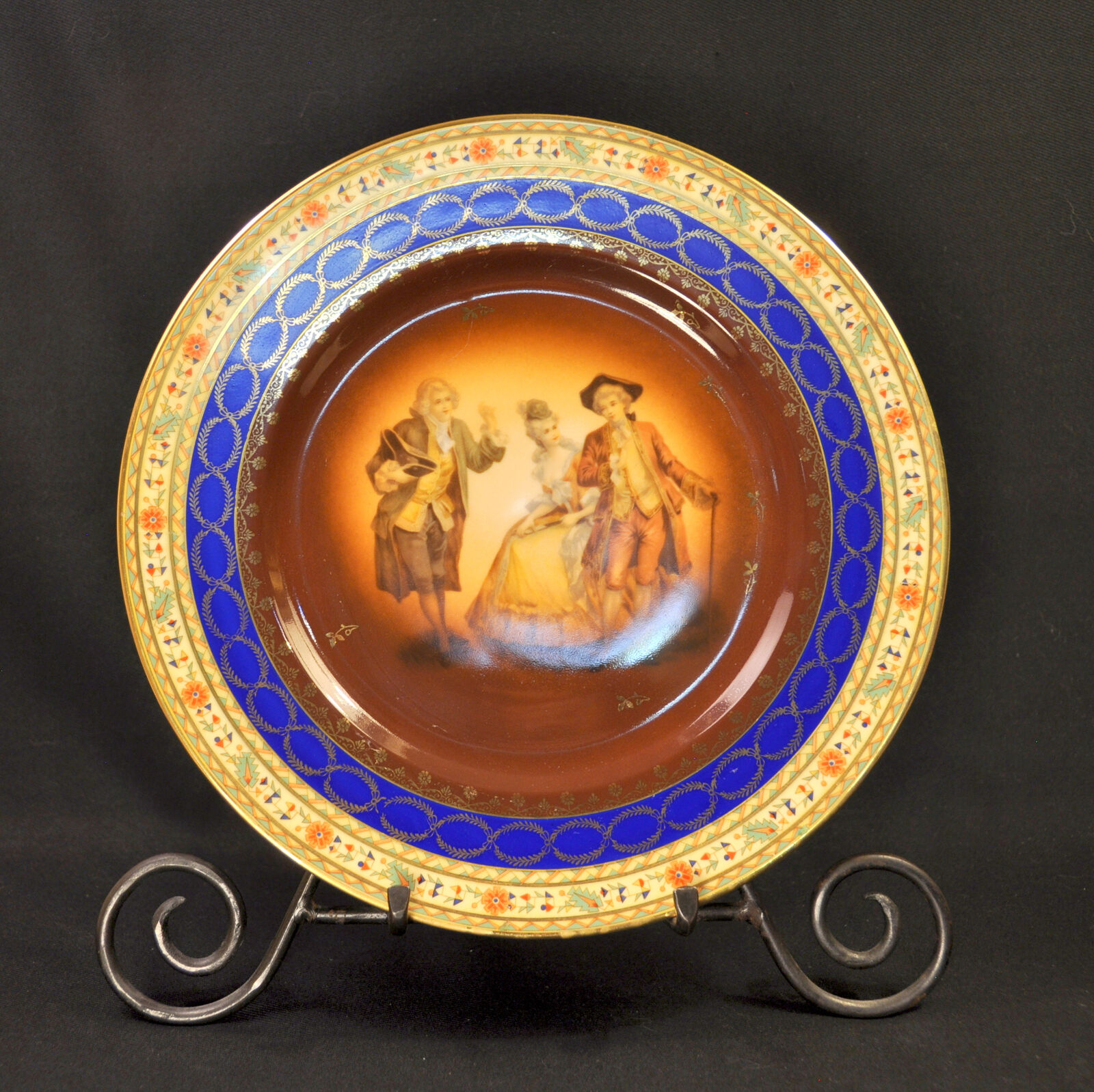 Friedrich Simon Plate Carlsbad Hand Painted Man W/Couple Period Dress Brown 1920