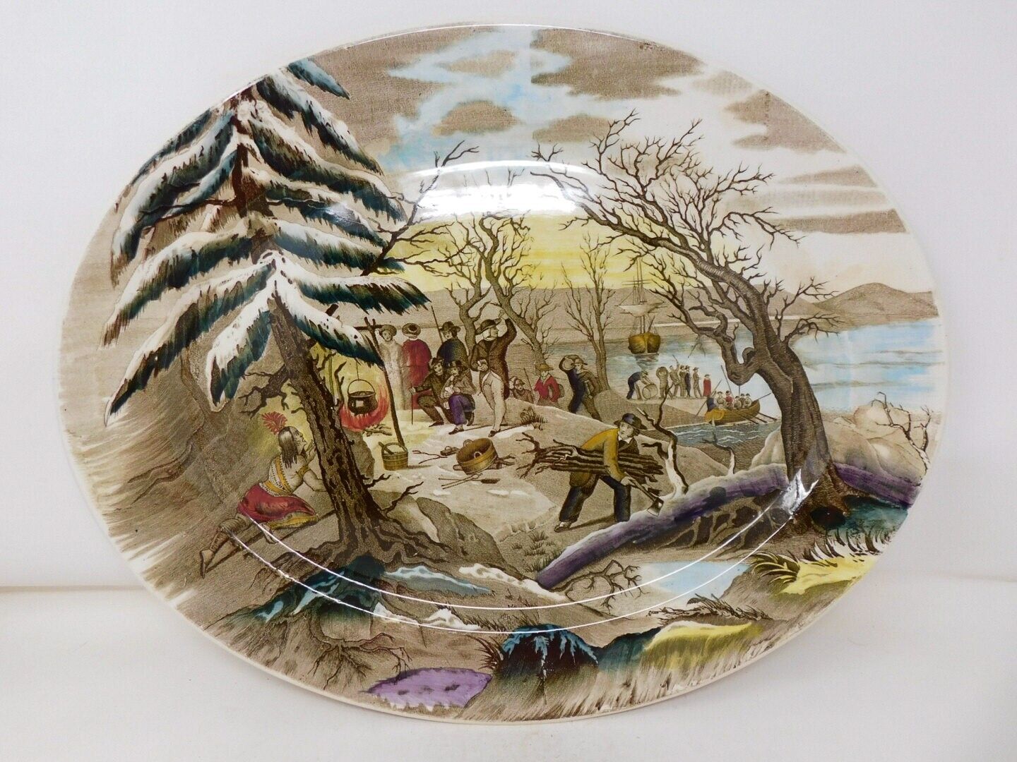 Huge 19.25" Platter A. J. Wilkinson "Landing of the Pilgrims" 1900s Hand Painted