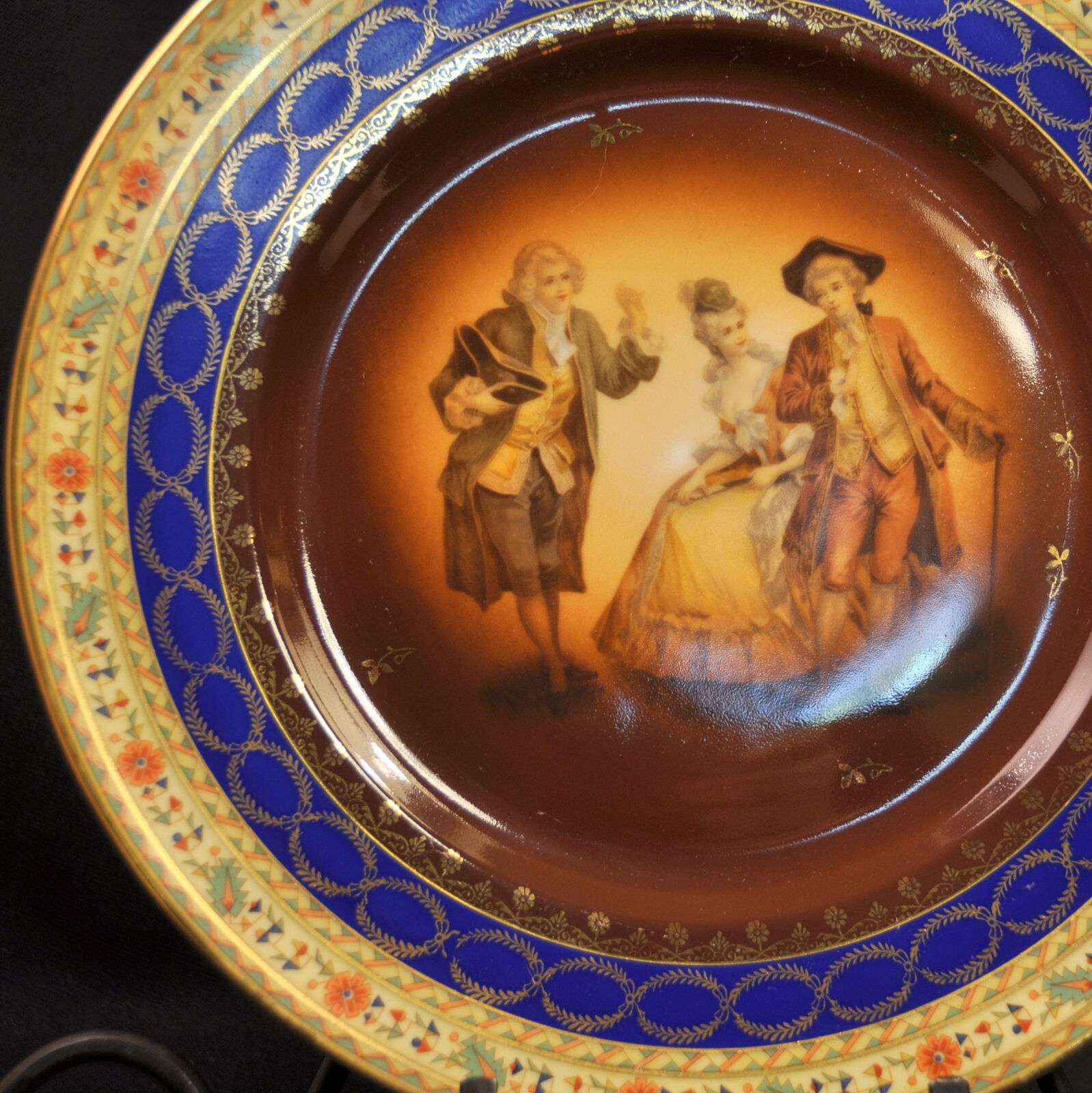 Friedrich Simon Plate Carlsbad Hand Painted Man W/Couple Period Dress Brown 1920