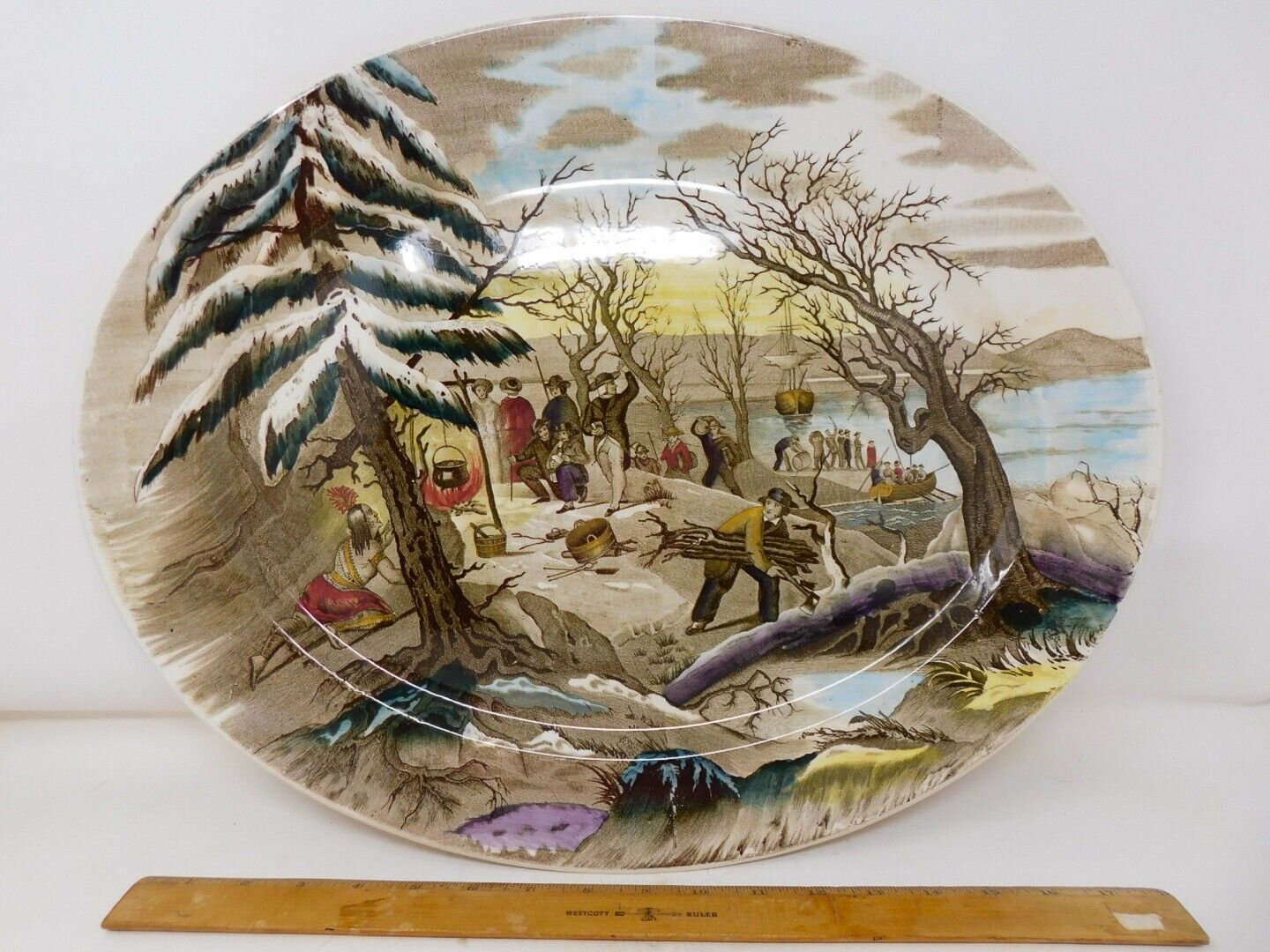 Huge 19.25" Platter A. J. Wilkinson "Landing of the Pilgrims" 1900s Hand Painted