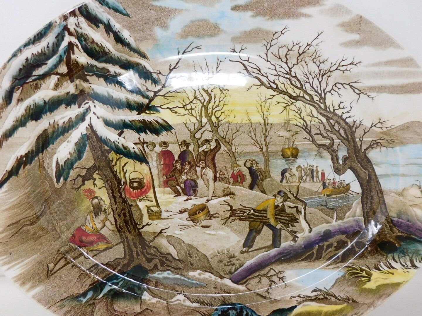 Huge 19.25" Platter A. J. Wilkinson "Landing of the Pilgrims" 1900s Hand Painted