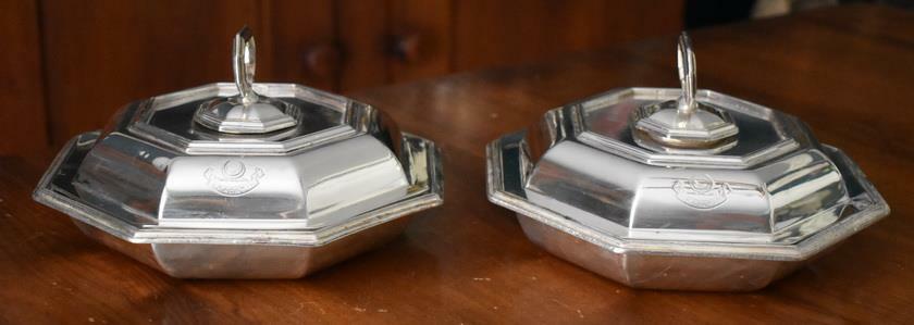 RARE PAIR LATE 1700'S SCOTTISH SILVER PLATE GRADATIM CRESCENT CREST COV DISH PR