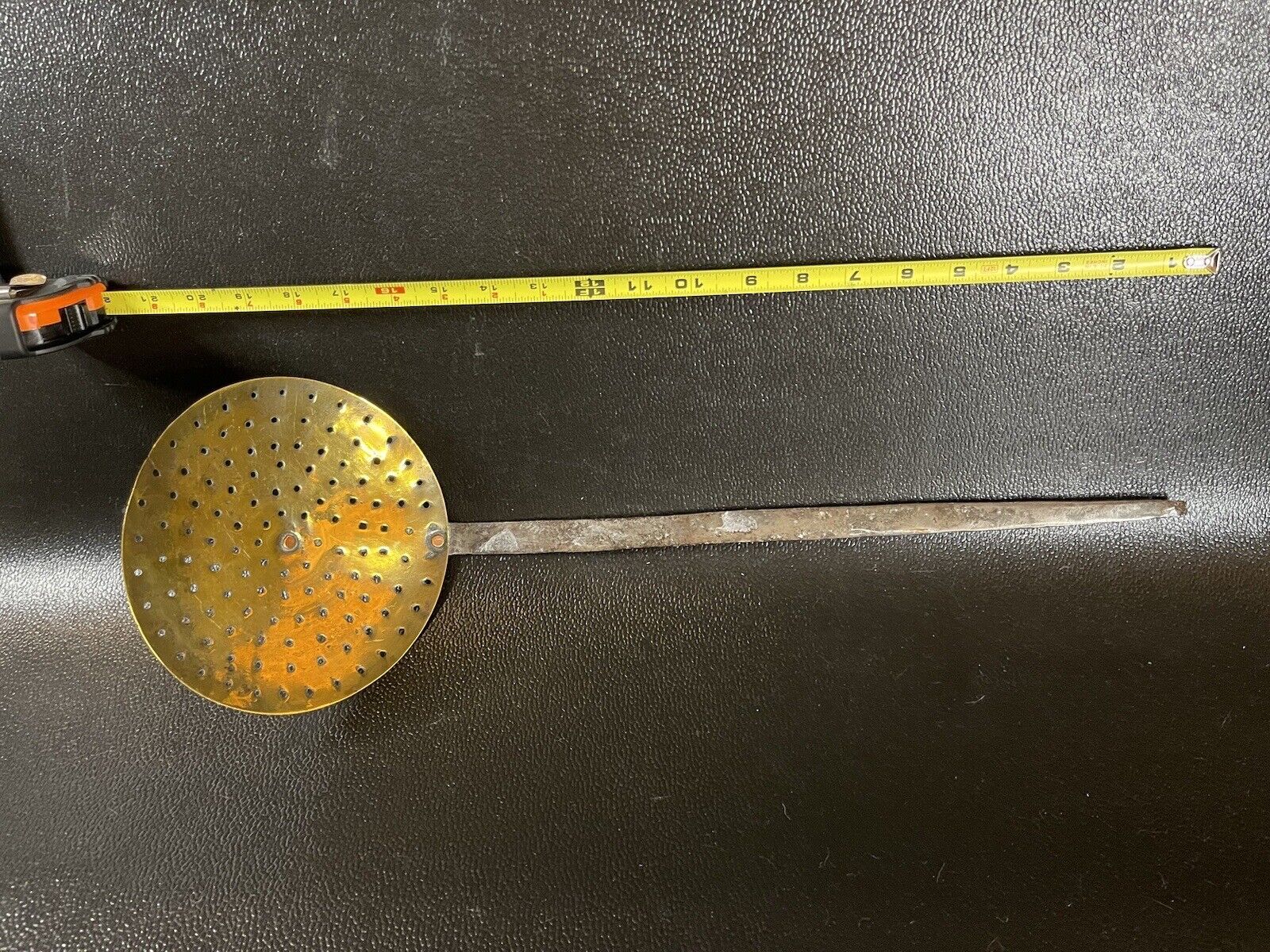Strainer Skimmer Vintage English Brass Kitchen Antique Tool 1800’s 20” Long Rare