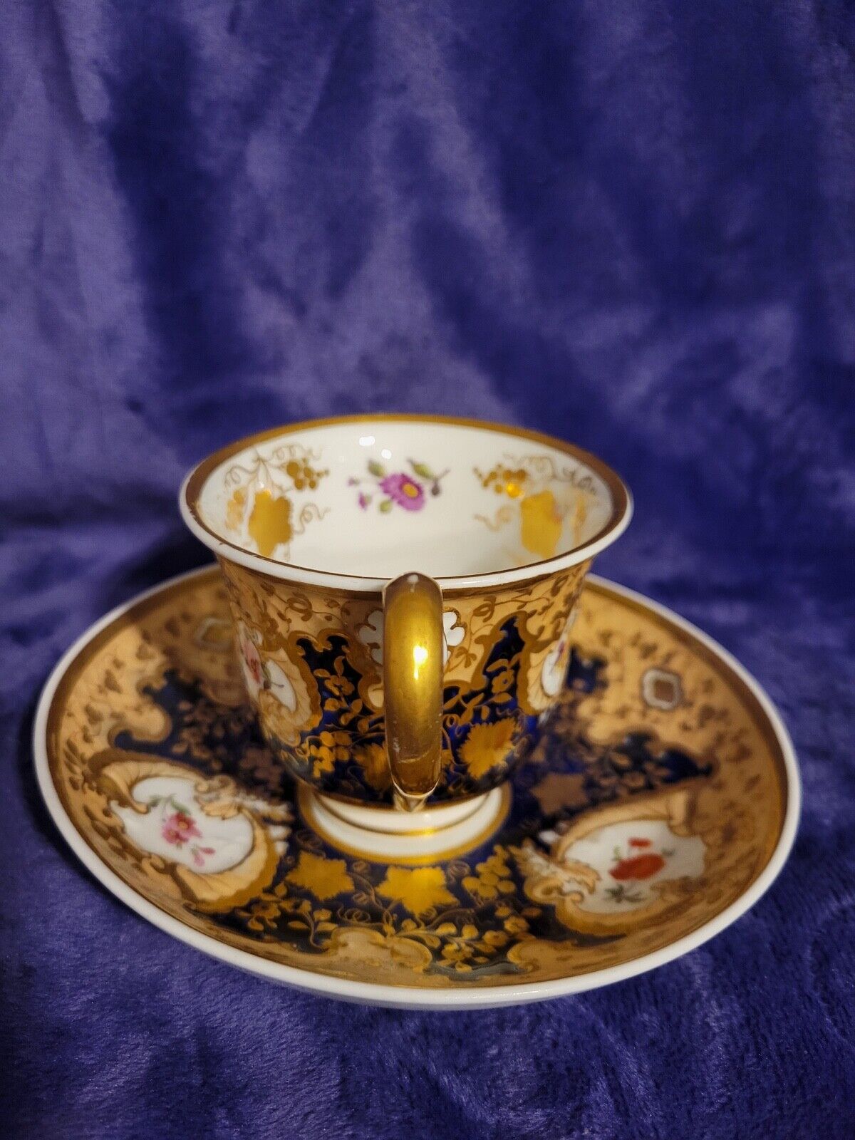 1800's Old Paris Porcelain Cup & Saucer Gilt Grapes Cobalt Blue Floral French
