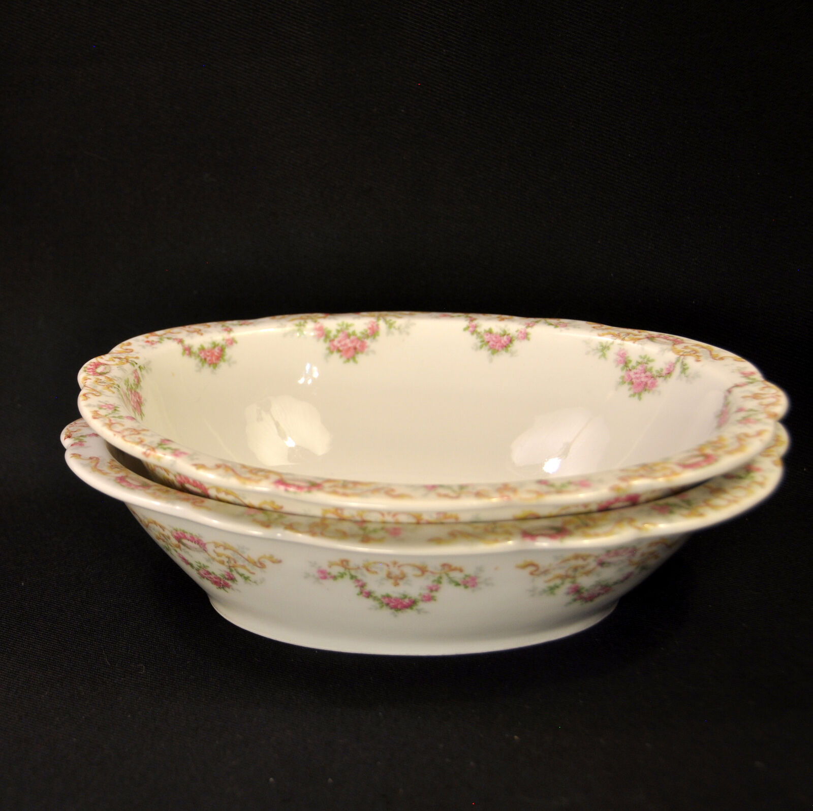 Limoges T&V 2 Oval 9" X 7" Vegetable Serving Bowls Pink Roses & Leaves 1900-1907
