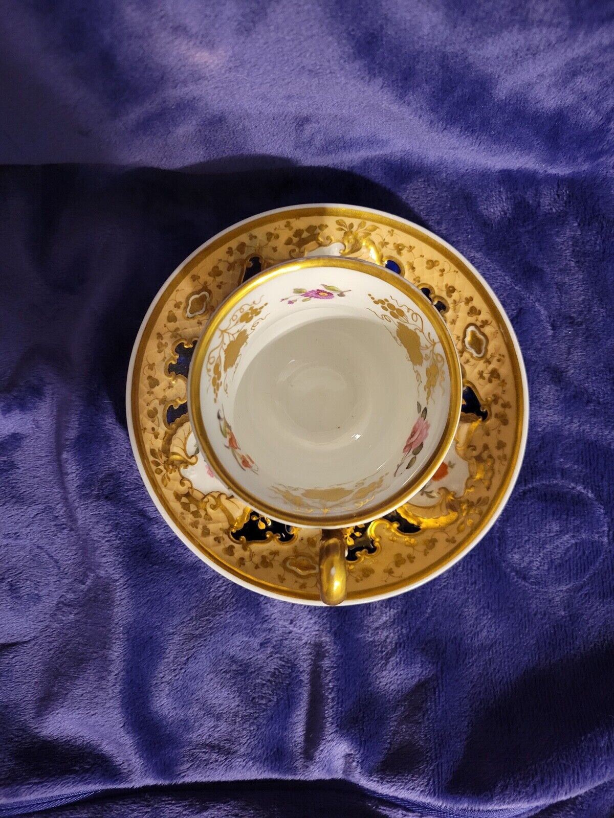 1800's Old Paris Porcelain Cup & Saucer Gilt Grapes Cobalt Blue Floral French
