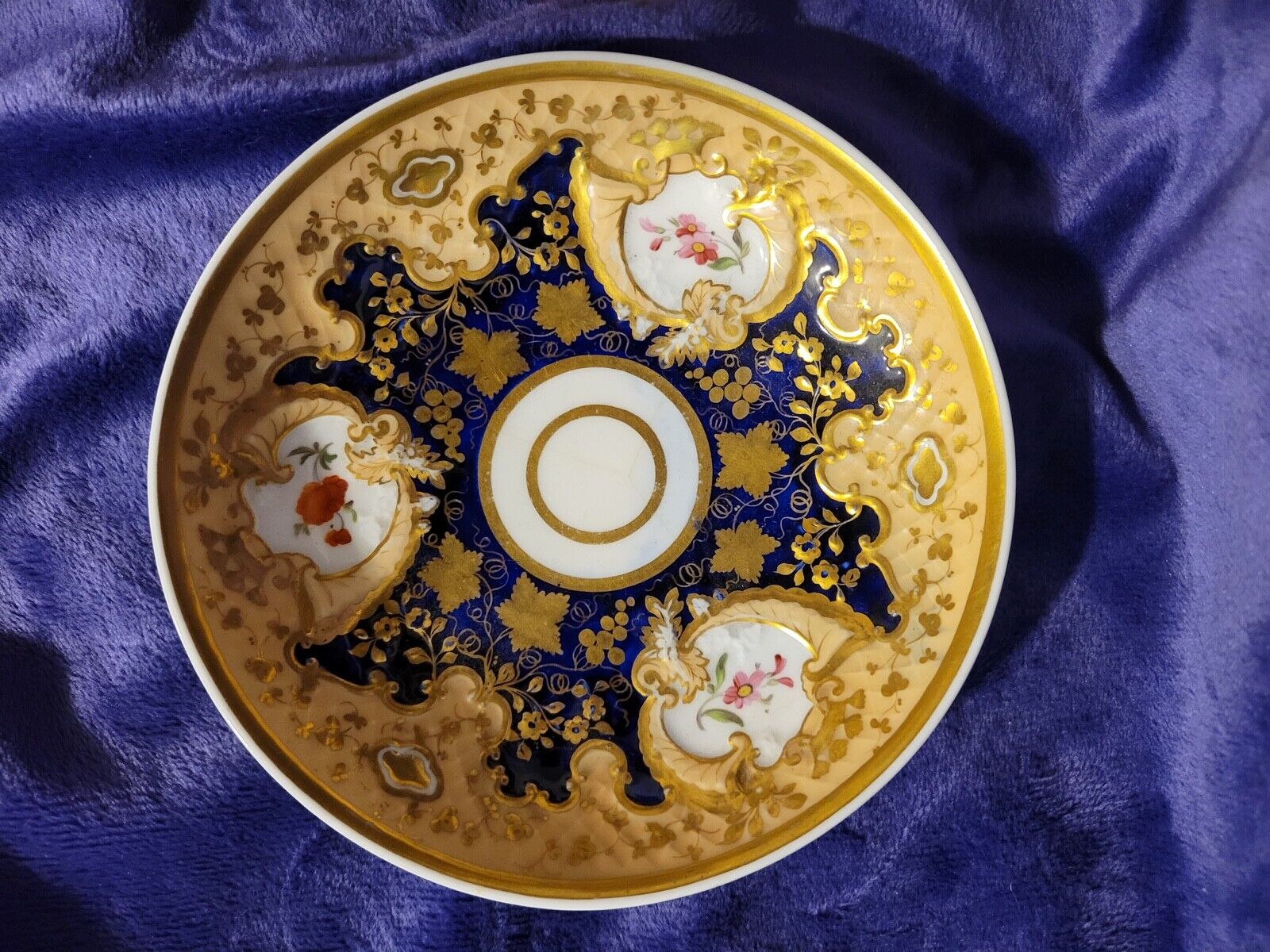 1800's Old Paris Porcelain Cup & Saucer Gilt Grapes Cobalt Blue Floral French