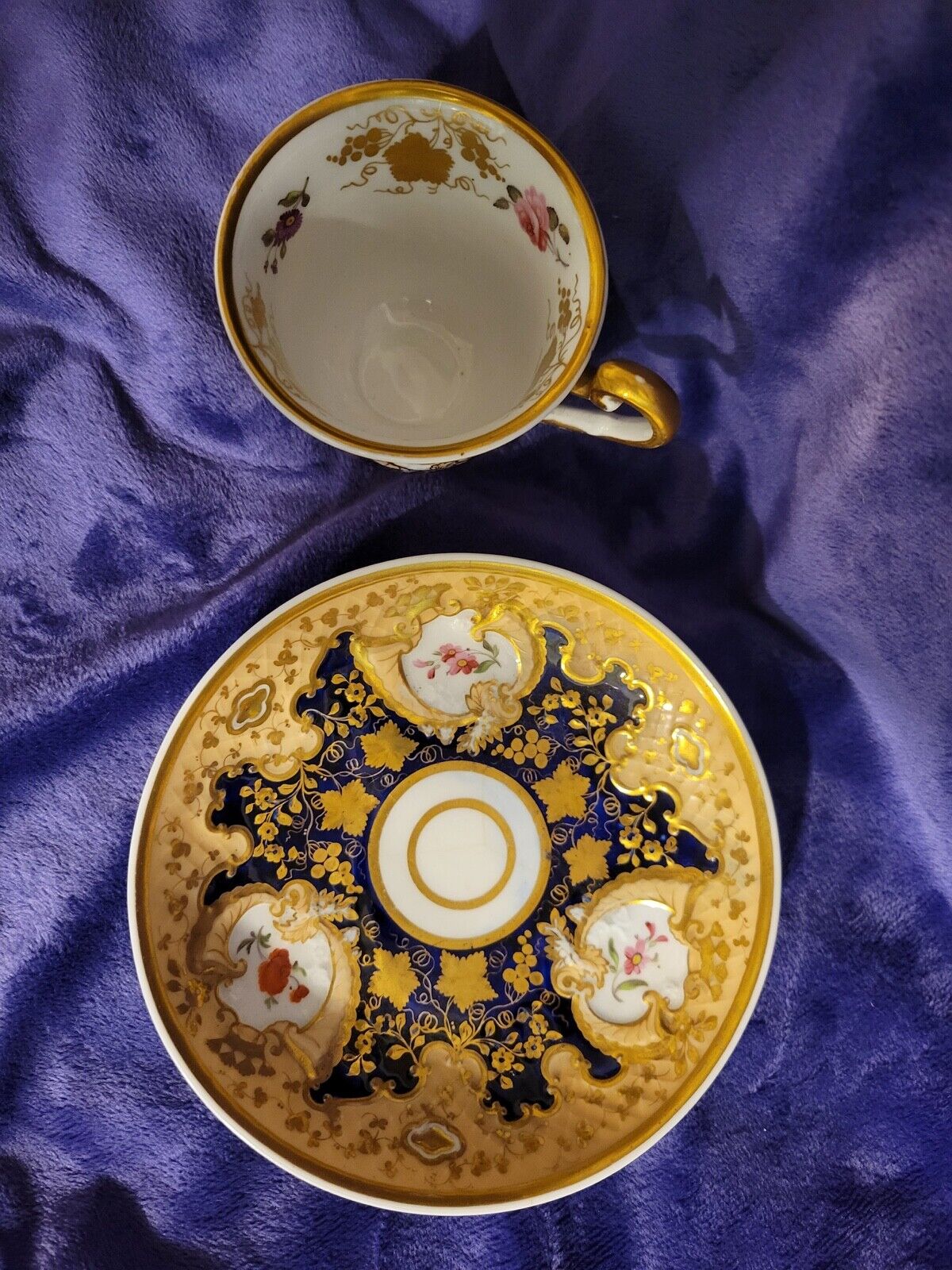 1800's Old Paris Porcelain Cup & Saucer Gilt Grapes Cobalt Blue Floral French