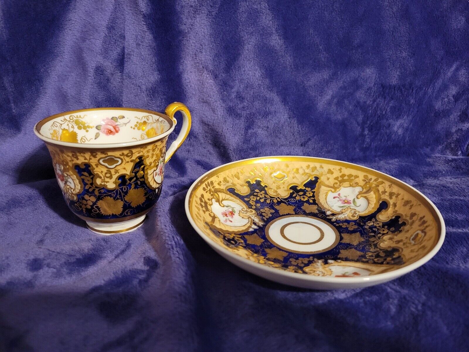1800's Old Paris Porcelain Cup & Saucer Gilt Grapes Cobalt Blue Floral French