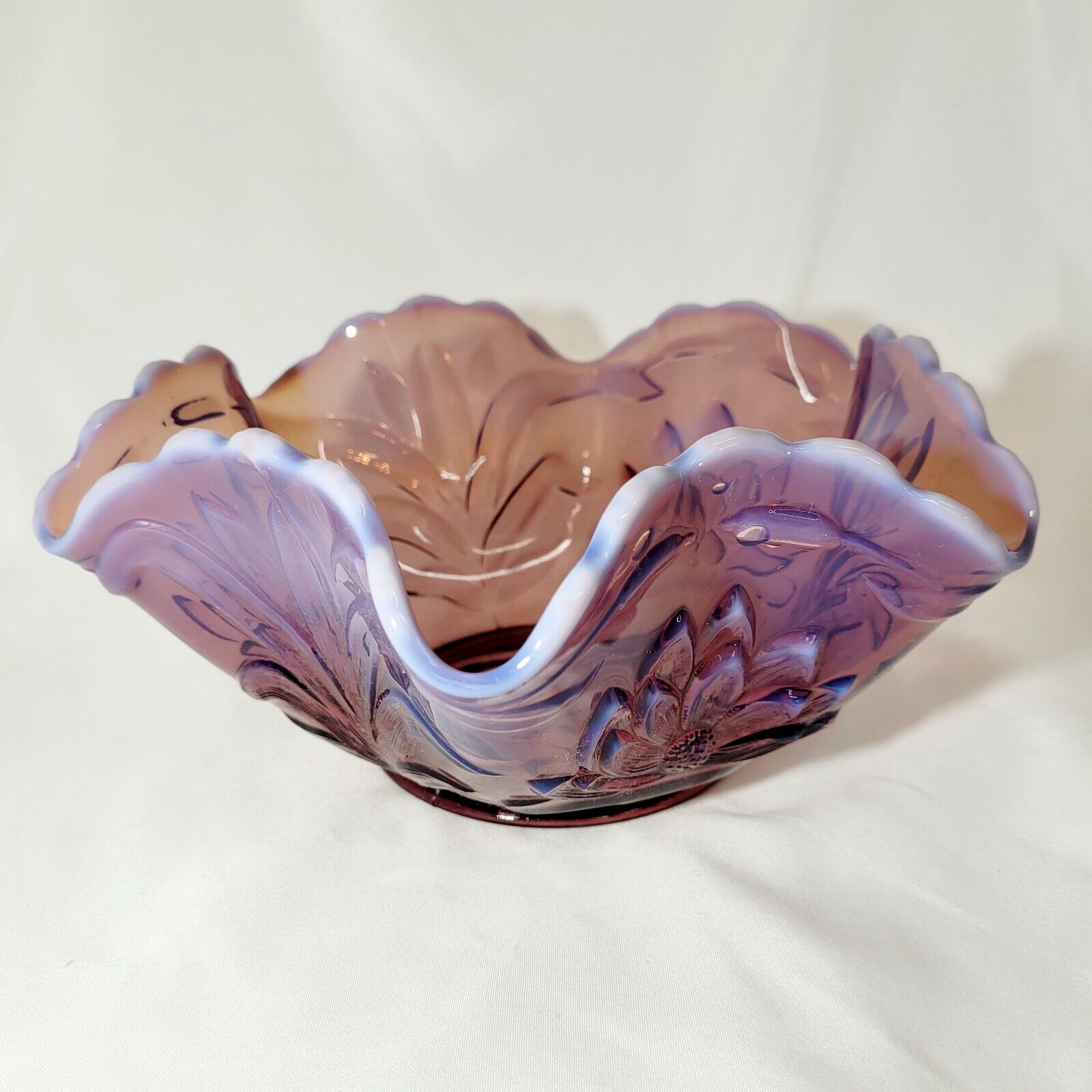 Victorian era Fenton Amethyst Opalescent Waterlily & Cattails Bowl