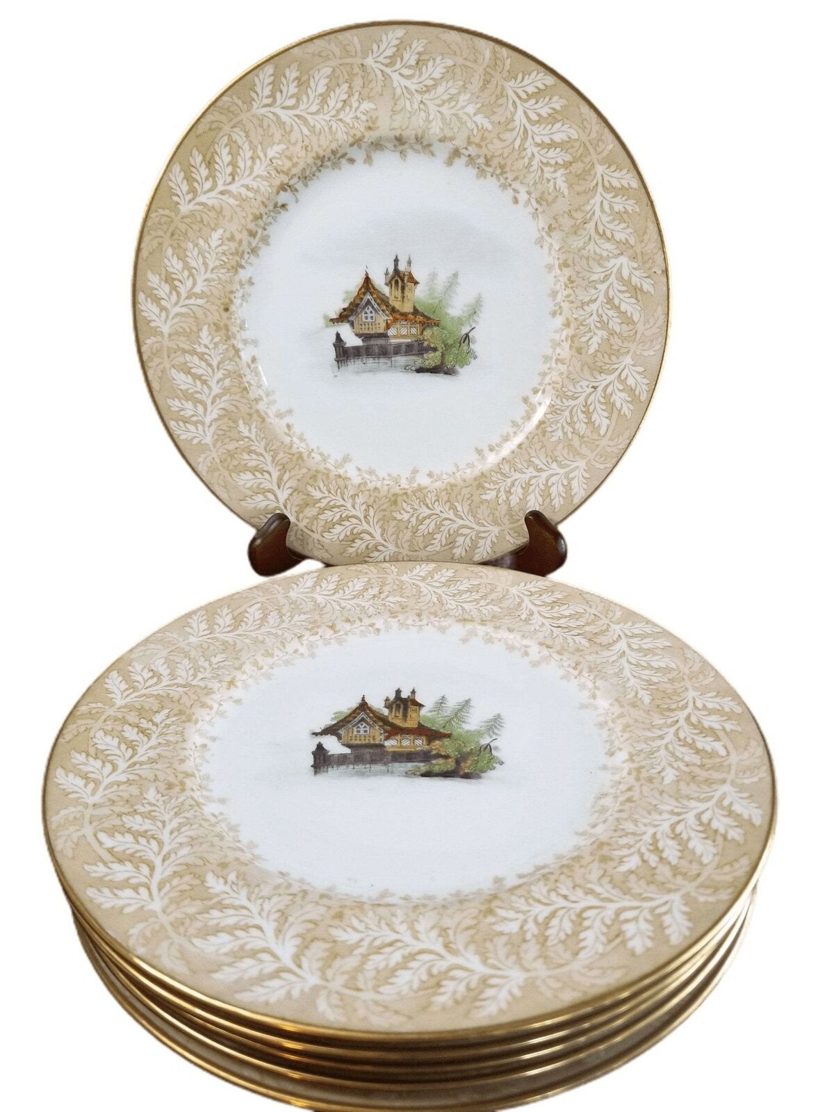 Cauldon Plate Set Lake Cabin with Fern Border c.1900 9" (6)
